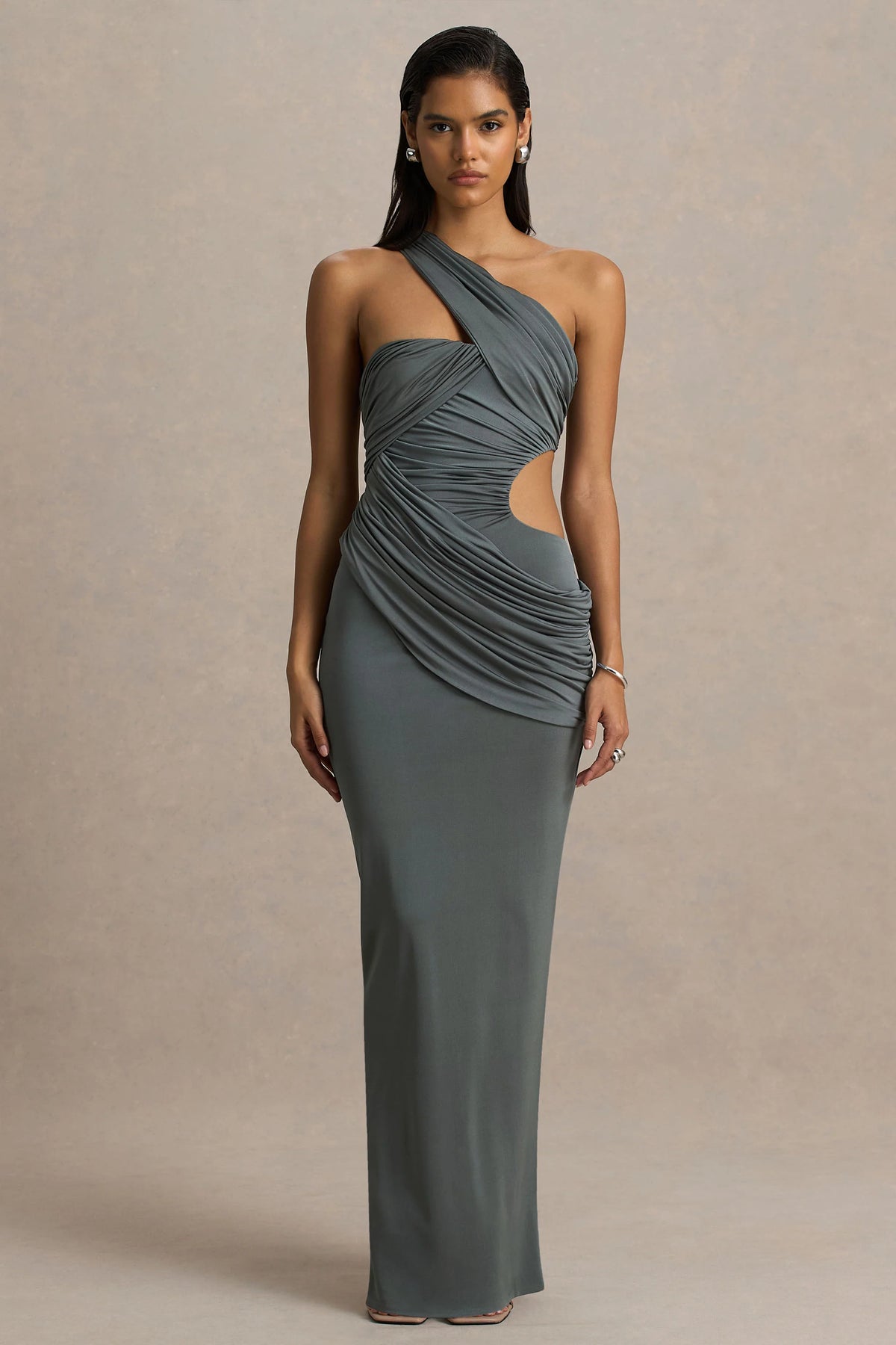 Serefine Grey Asymmetric Neck Maxi Dress With Body Cut Out