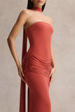 Graciella Rust Bandeau Maxi Dress With Draped Detailing And Scarf