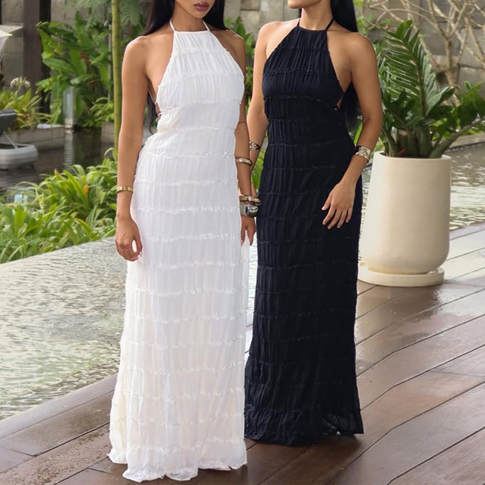 Women Backless Dress Sleeveless Textured Halter Open Back Maxi Dresses Vacation Wedding Guest