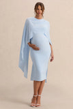 Arwen Powder Blue Round Neck Maternity Midi Dress With Cape Detail