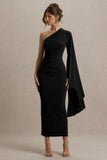 Clementina Black Asymmetric Cape Sleeve Maxi Dress