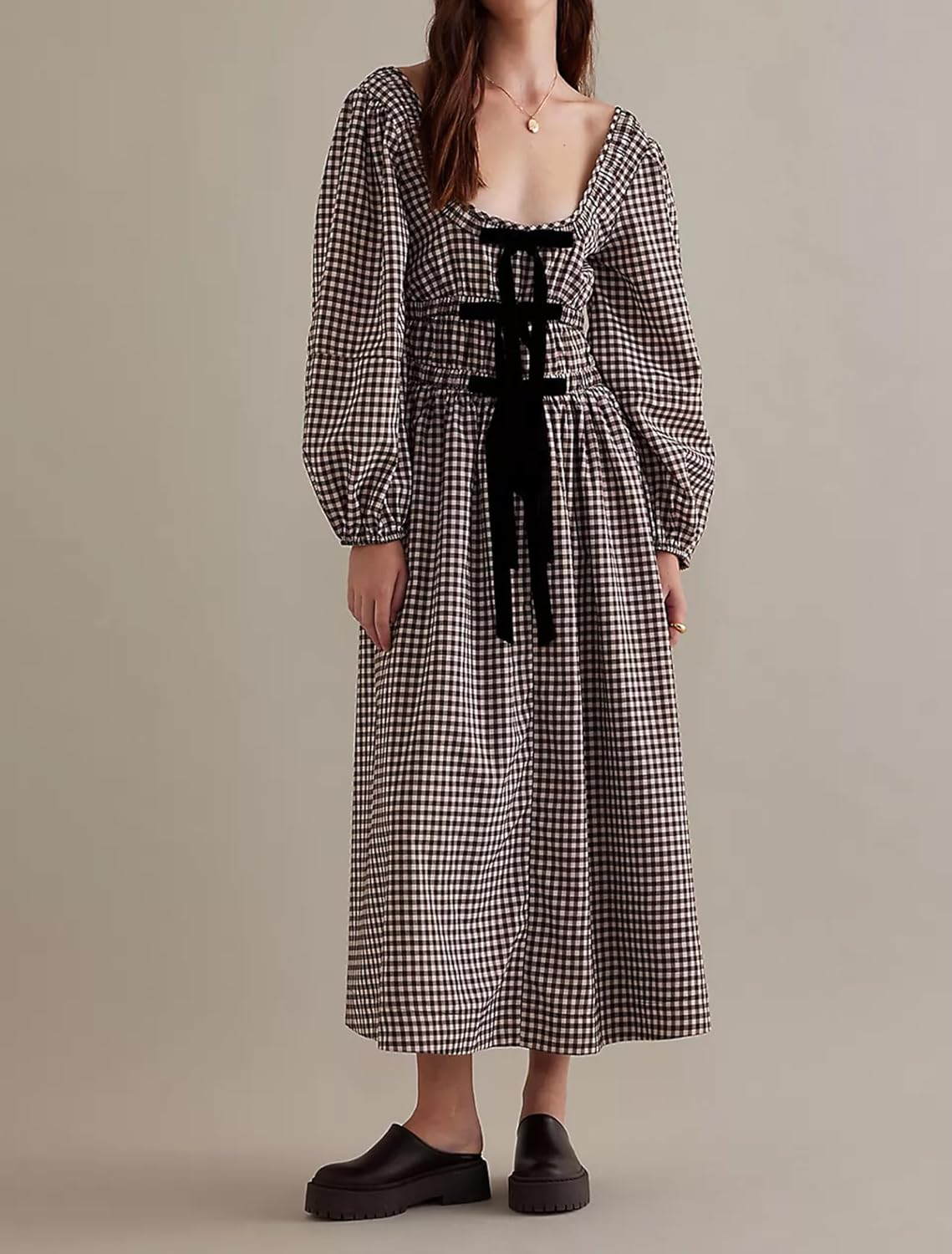 Women Plaid Maxi Dress Long Puff Sleeve Square Neck Flowy Boho Dress Bow Tie Smocked Fall Dresses