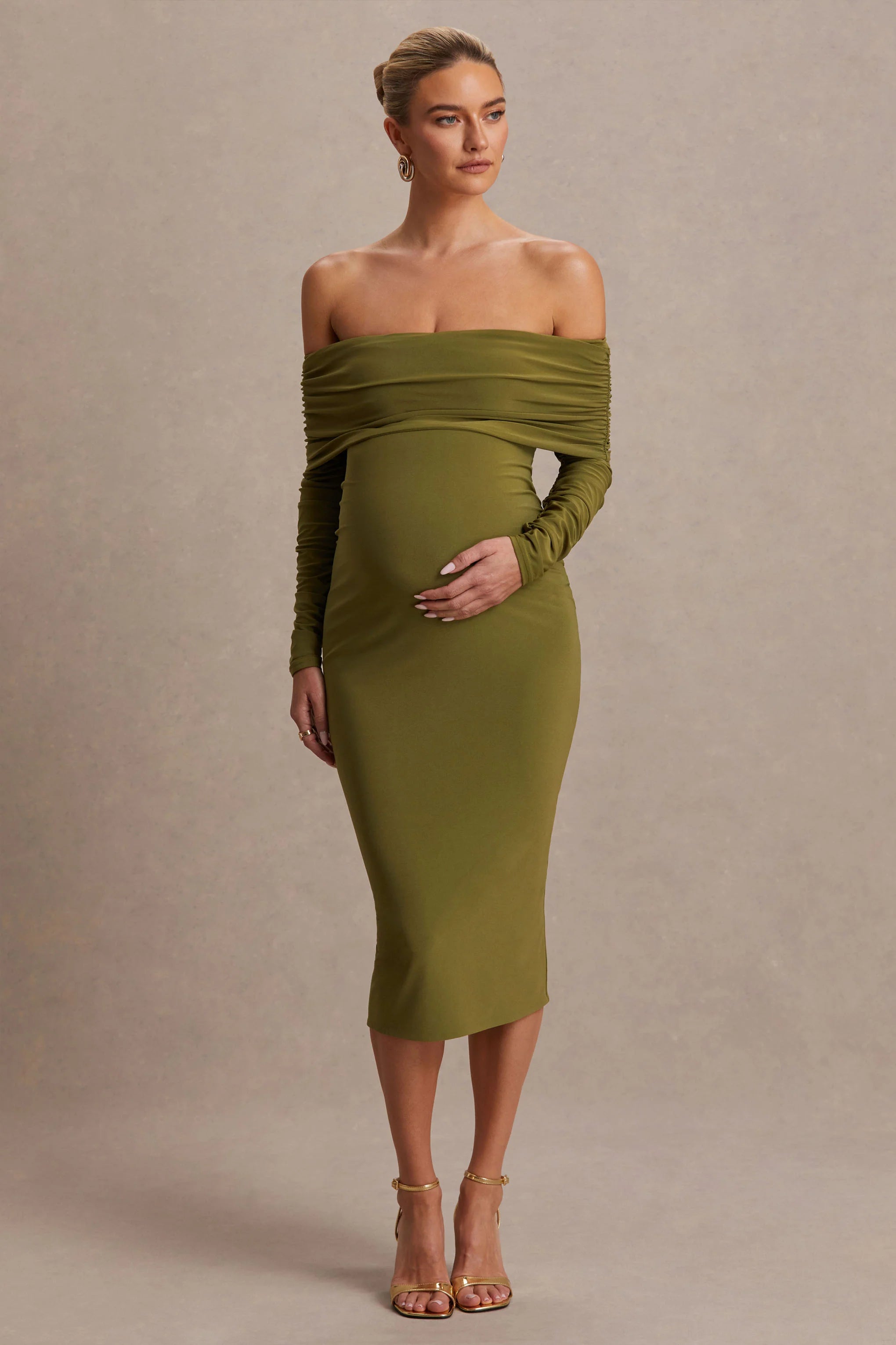 Elspeth Olive Bardot Neck Maternity Midi Dress