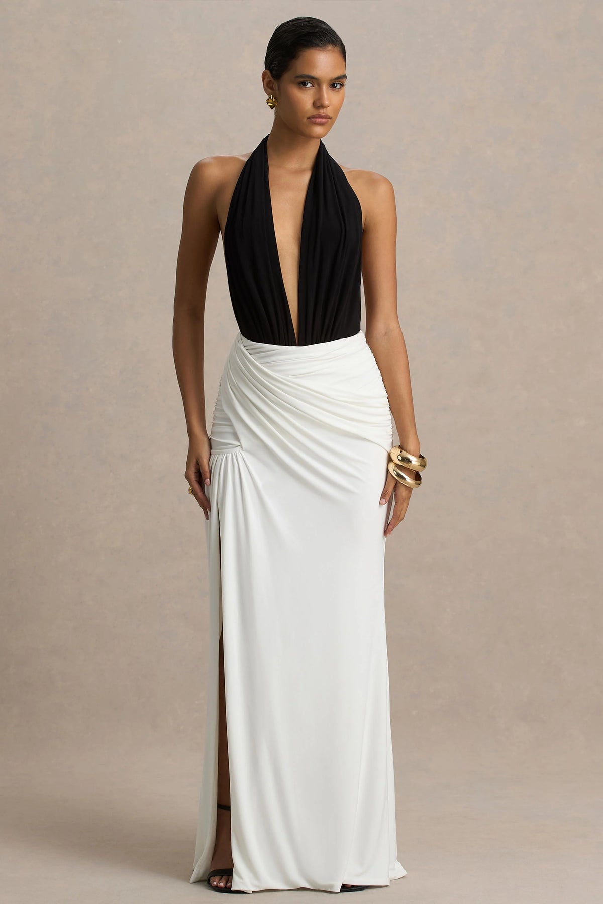 Tilly Black And White Extreme Plunge Neck Maxi Dress With Wrap And Ruched Details
