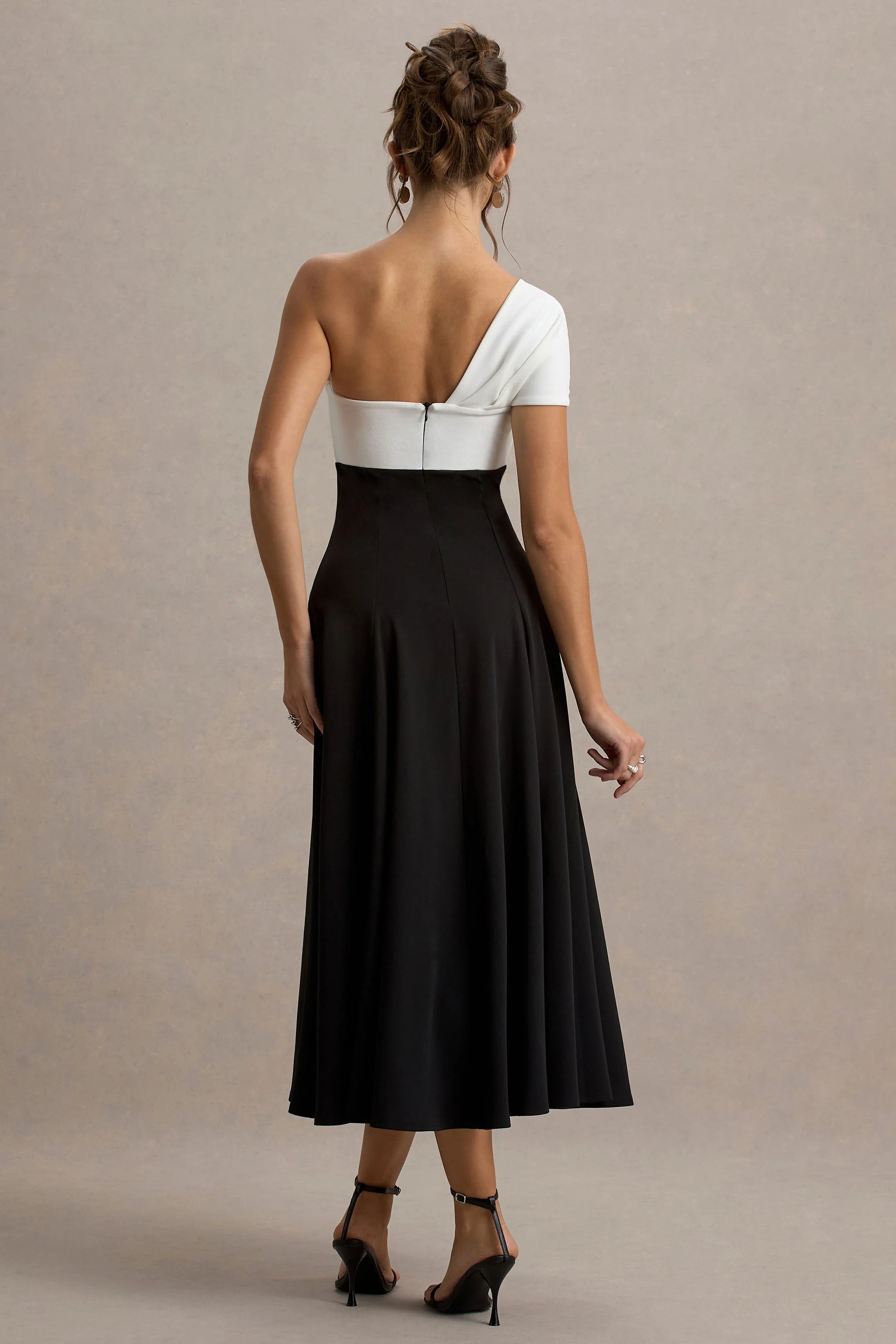 Malta Black White One Shoulder Midi Dress