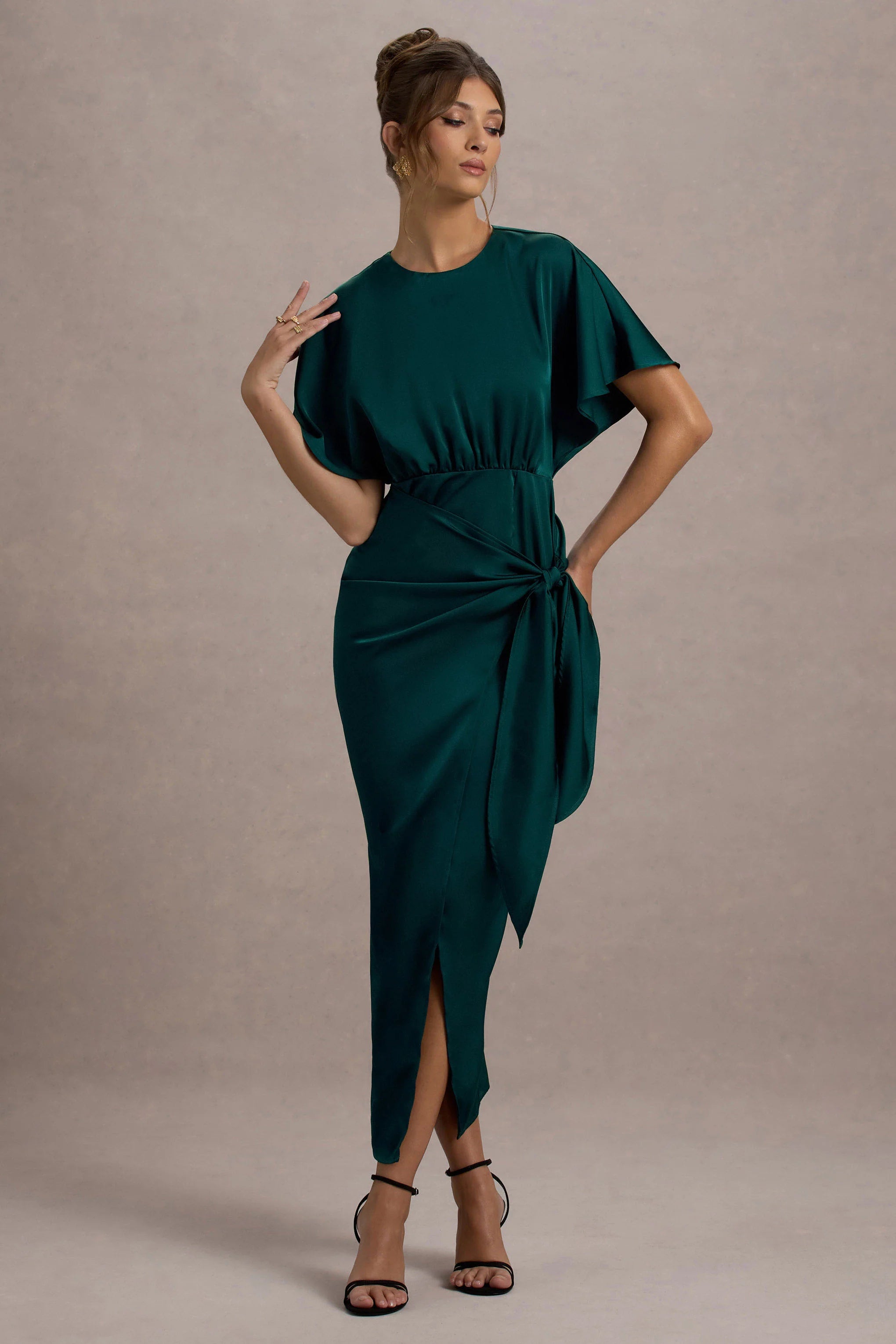 Mika Bottle Green Satin Short Sleeve Wrap Maxi Dress