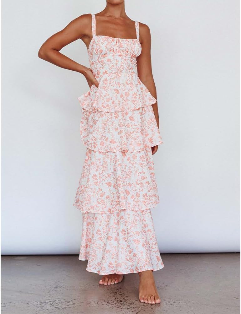 Women Floral Maxi Dress Sleeveless Bow Back Tiered Boho Flowy Long Dresses Summer Fall
