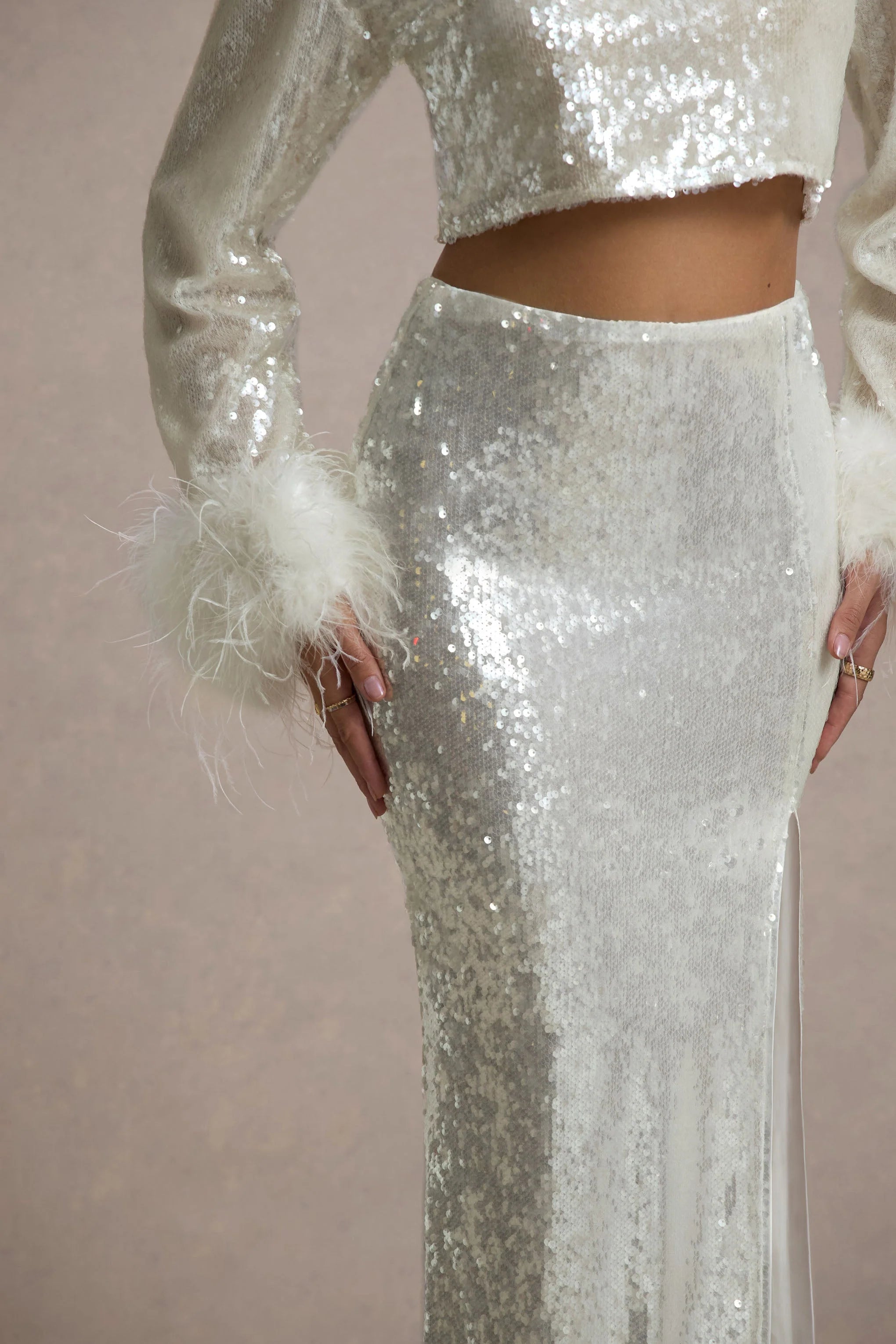 Solita Sand Sequin Long Sleeve Crop Top With Feather Trim