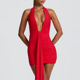 Women Deep V Neck Ruched Mini Dresses Backless Halter Dress Party Club Night