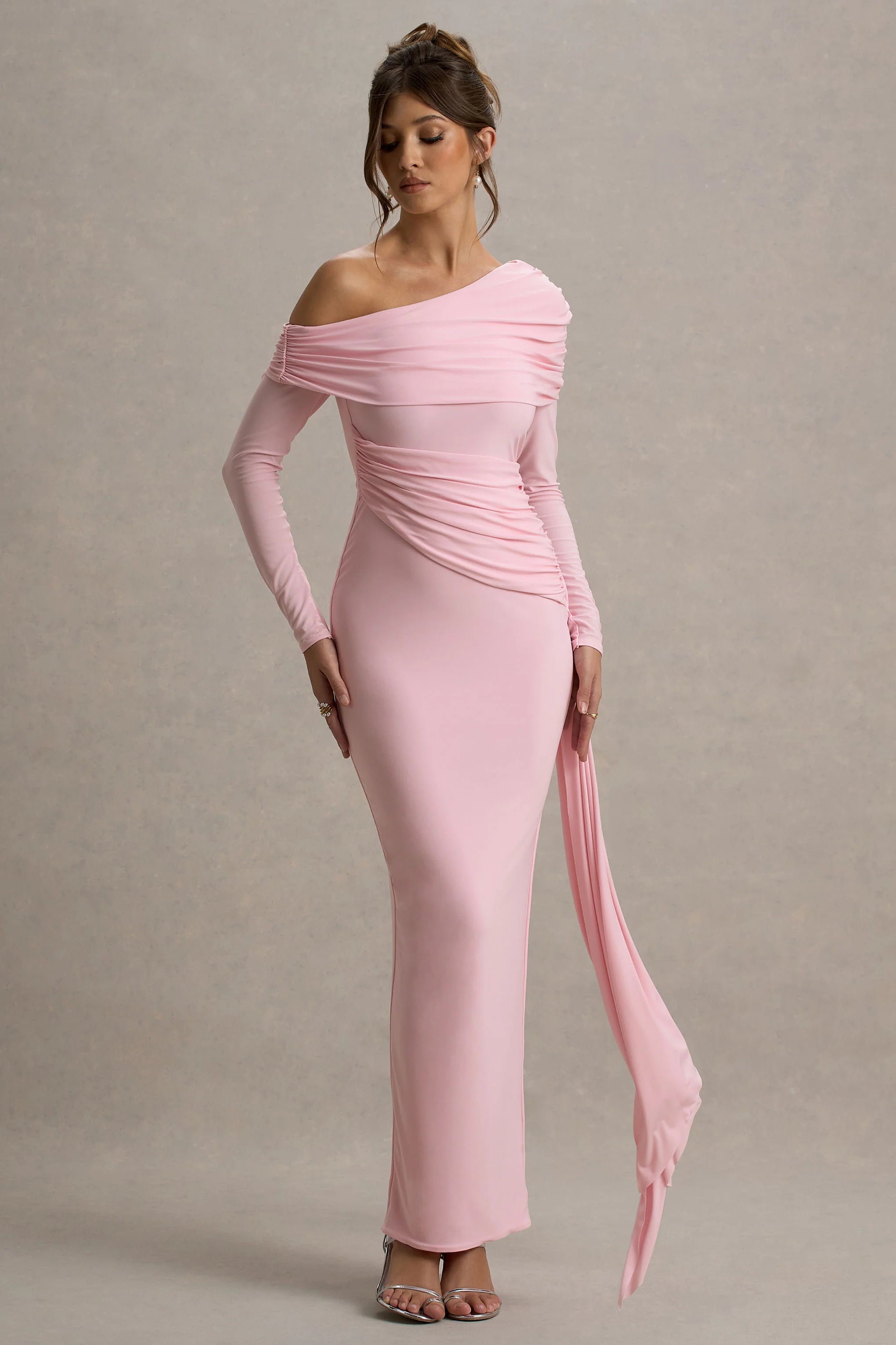 Valina Pink Ruched Asymmetric Maxi Dress With Drape