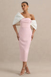 Lucille Rose Pink Asymmetric Bardot Midi Dress With Bow Detail