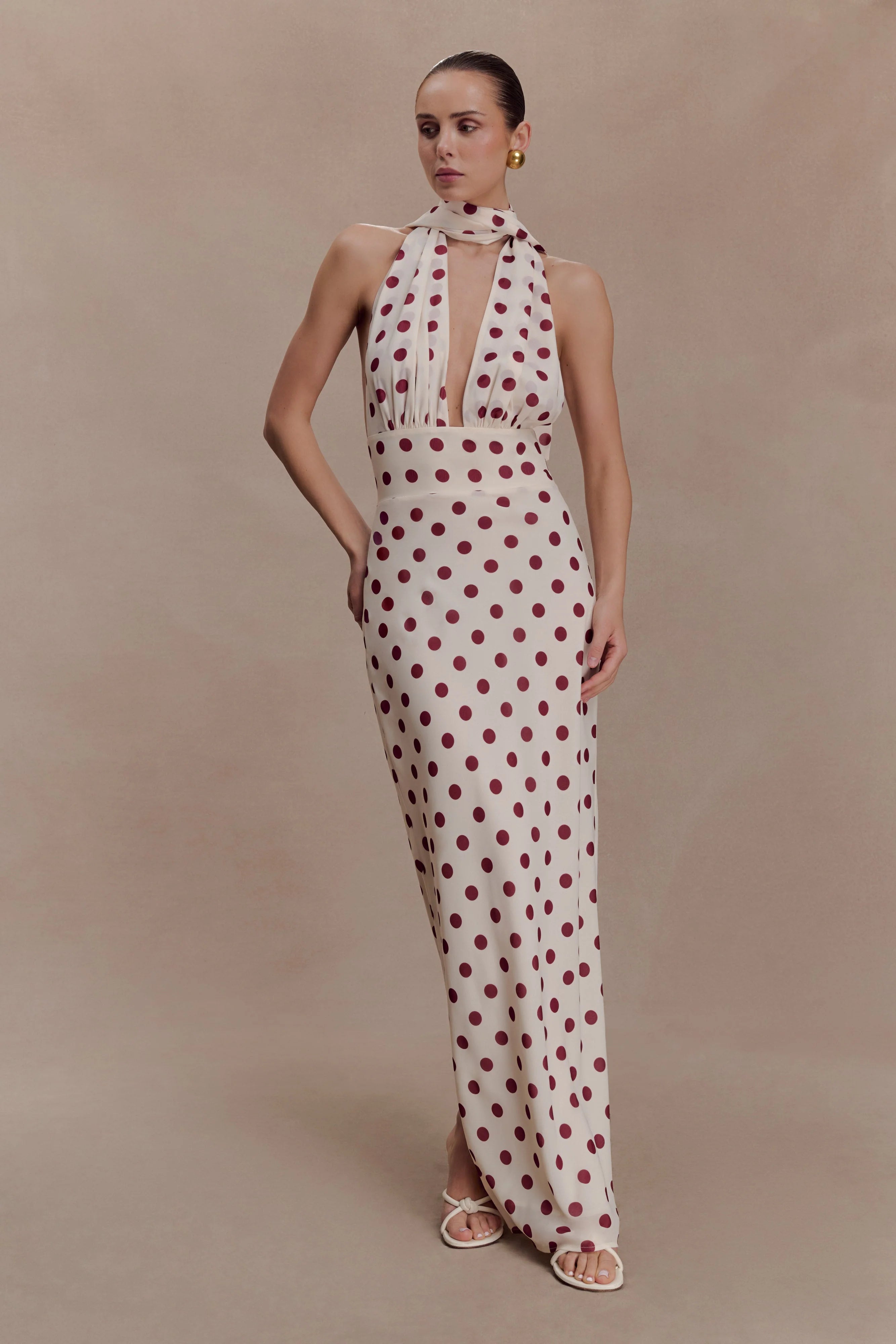 Nadine Halter Chiffon Maxi Dress Ivory Merlot Polka Dot