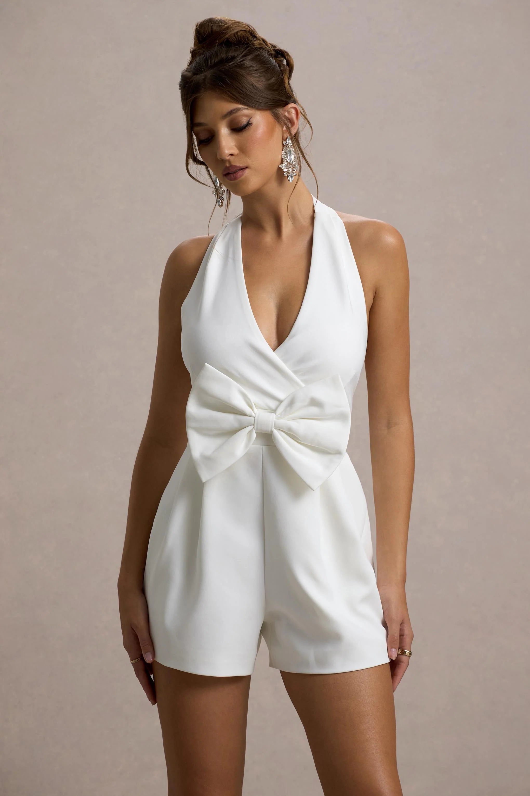 Darla White Plunge Neck Playsuit With Bow