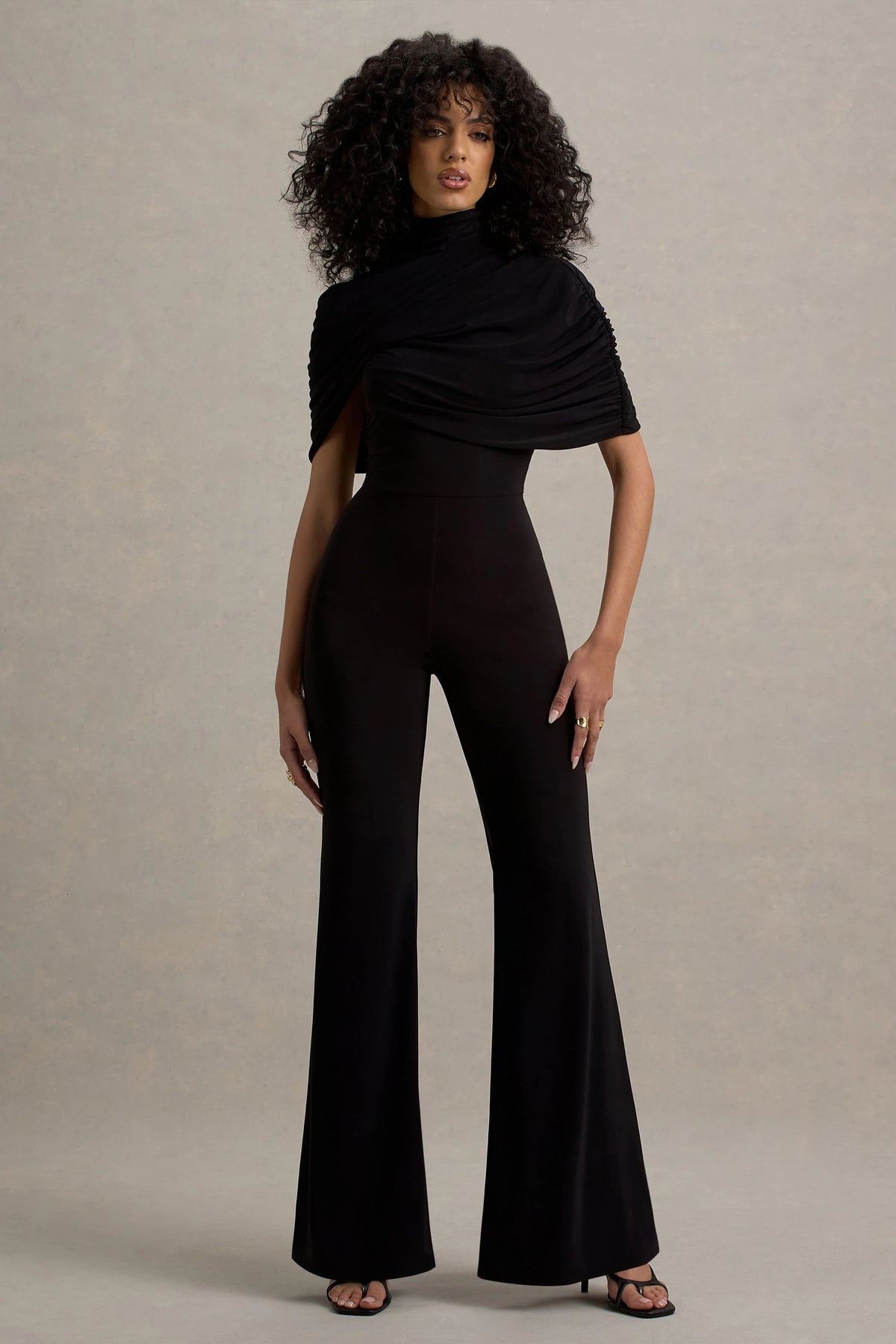 Isoline Black Twist Cape Flared Leg Jumpsuit