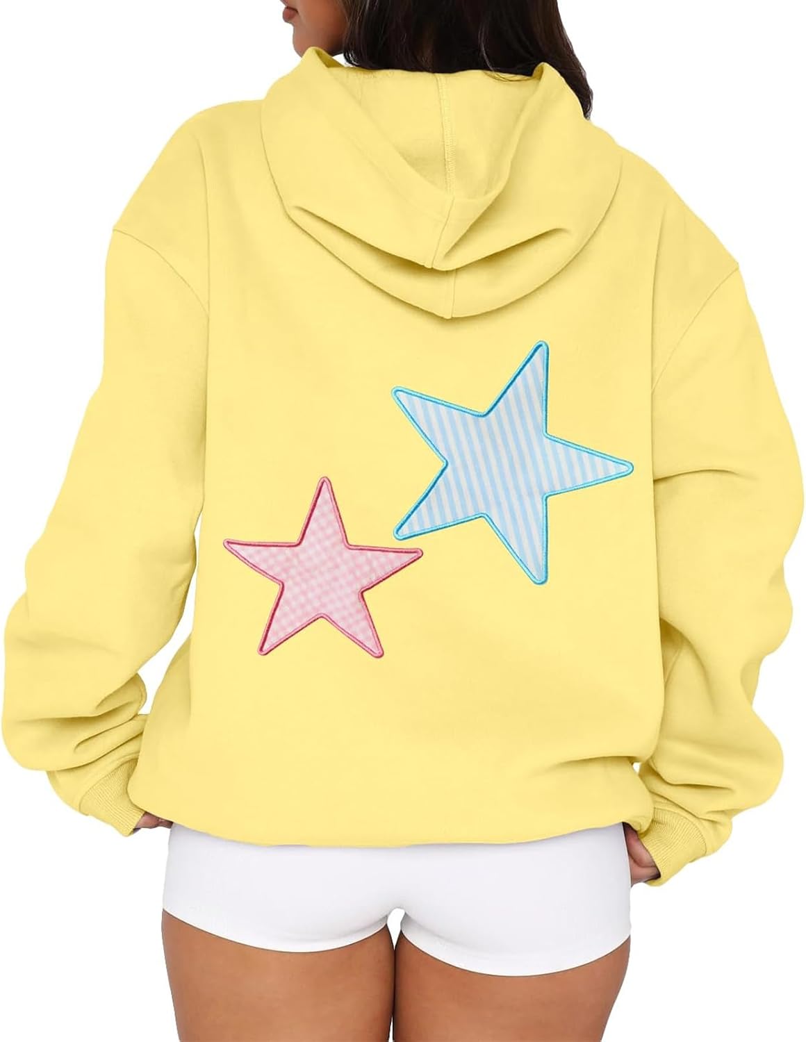 Women Cute Hoodies Oversized Y2k Star Patch Fleece Sweatshirt Pastel Hoodie for Teen Girls
