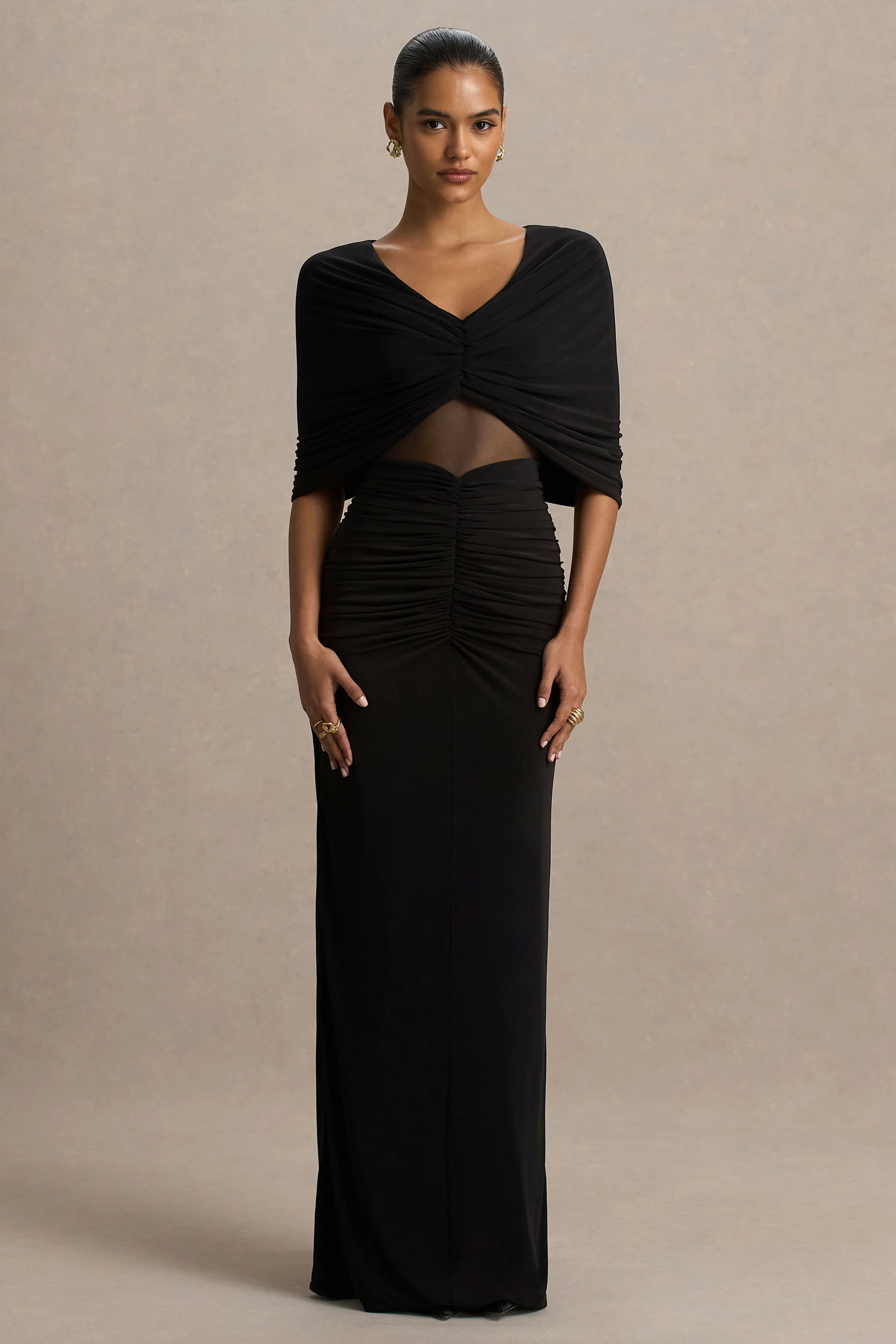 Zinnie Black Cape Sleeve Maxi Dress With Mesh Panel