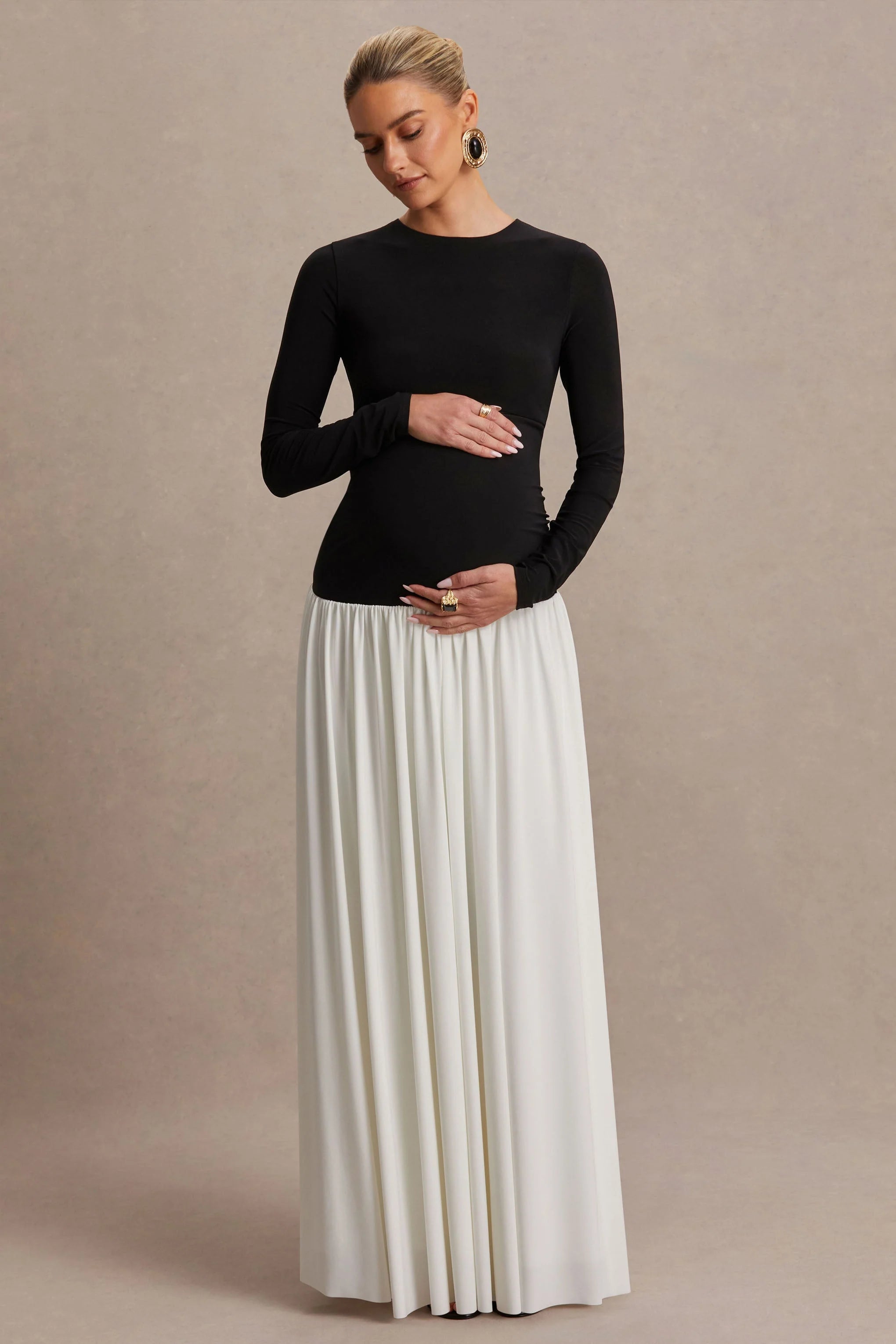 Monroe Black And White Crew Neck Maternity Maxi Dress With Drop Waist