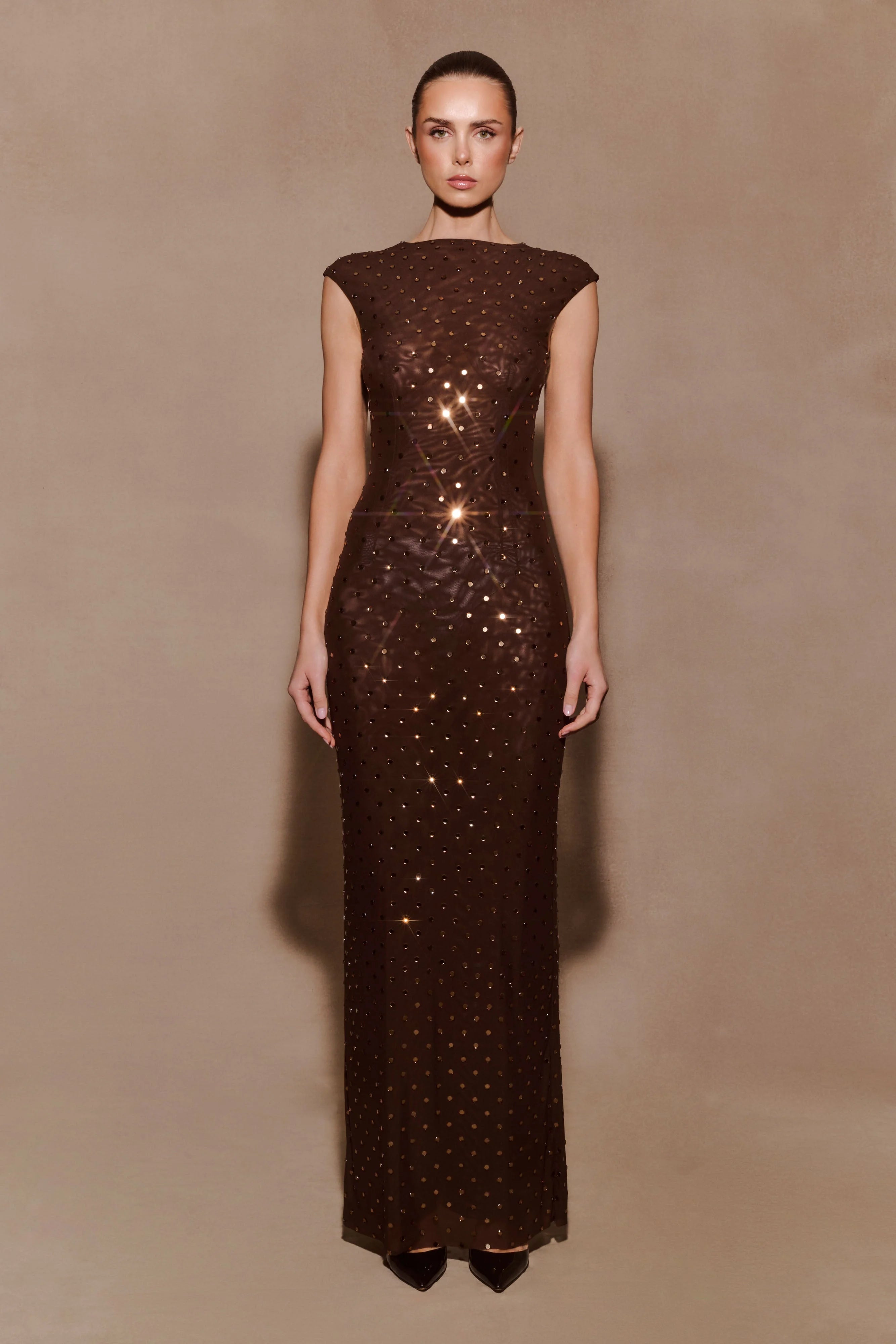 Samara Sleeveless Diamante Maxi Dress Chocolate