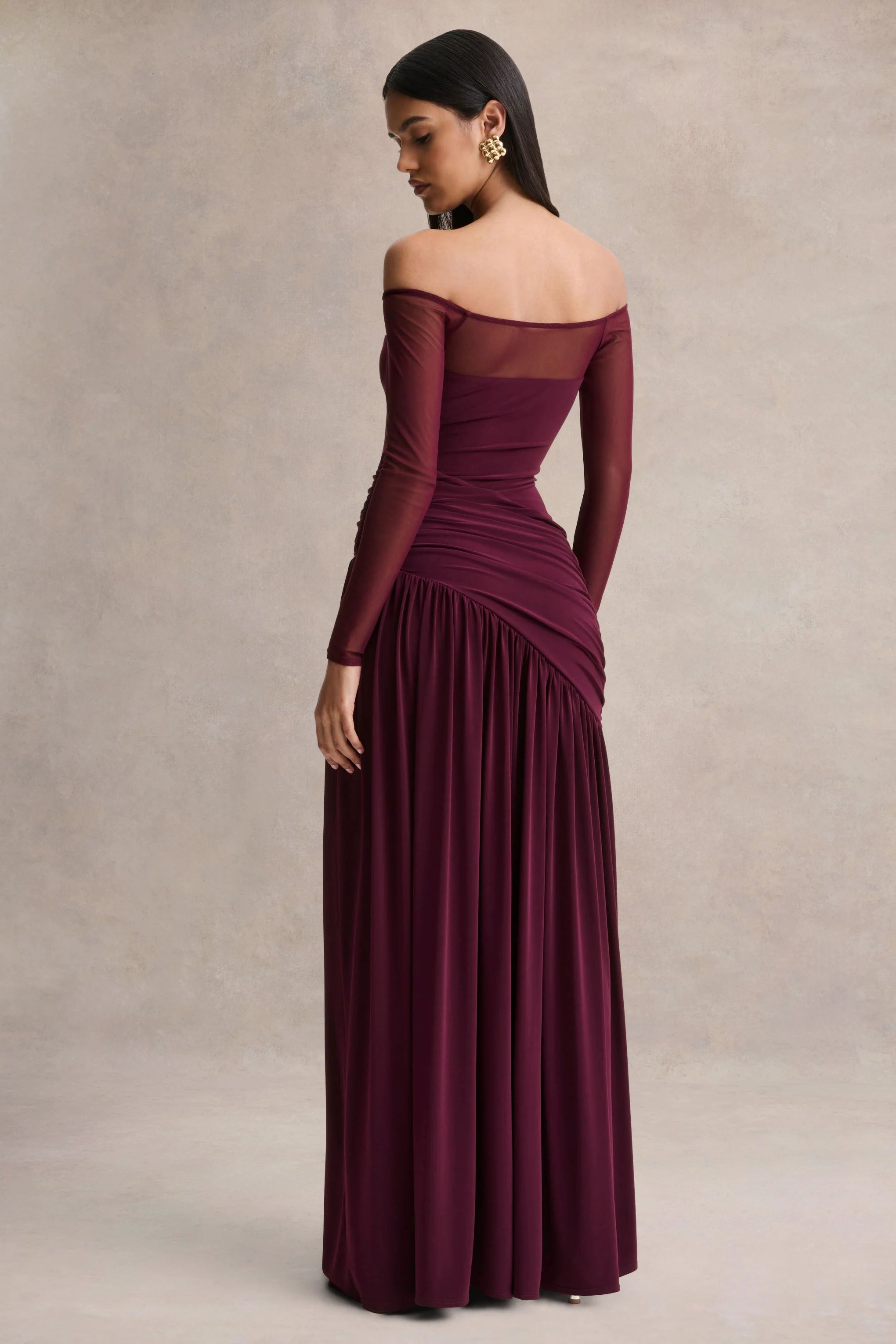 Luminary Dark Plum Bardot Neck Maxi Dress With Mesh Sleeves