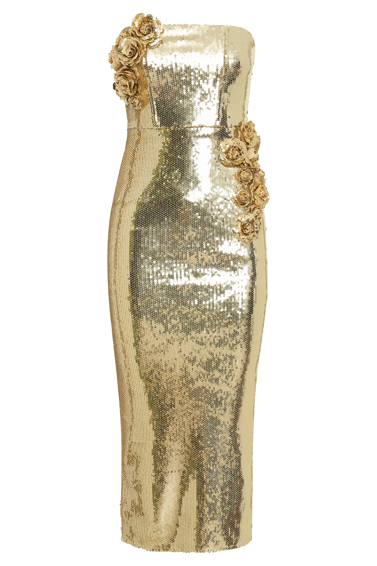 Cassia Strapless Sequin Rose Midi Dress Gold