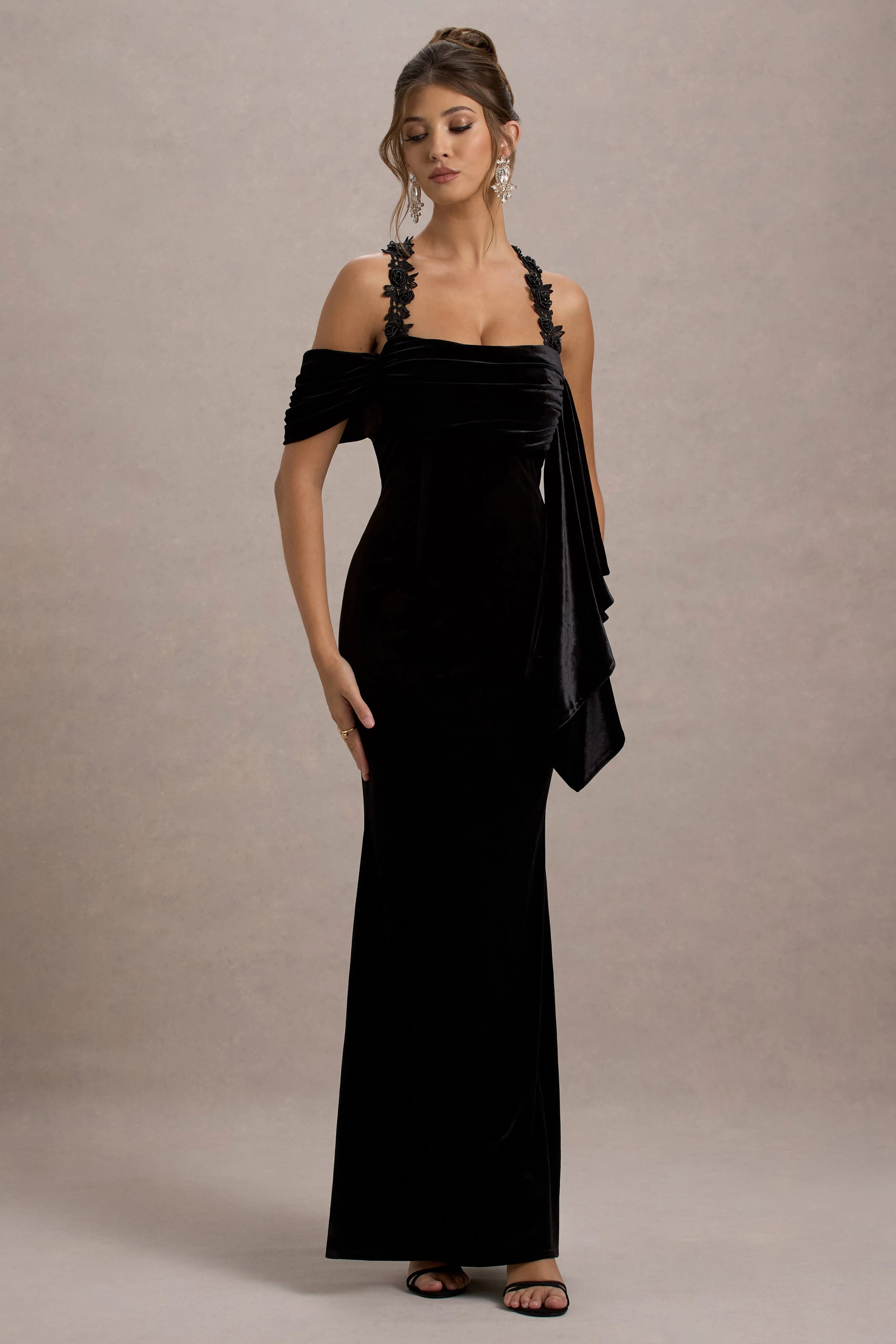 Charlize Black Velvet Halter Neck Draped Maxi Dress