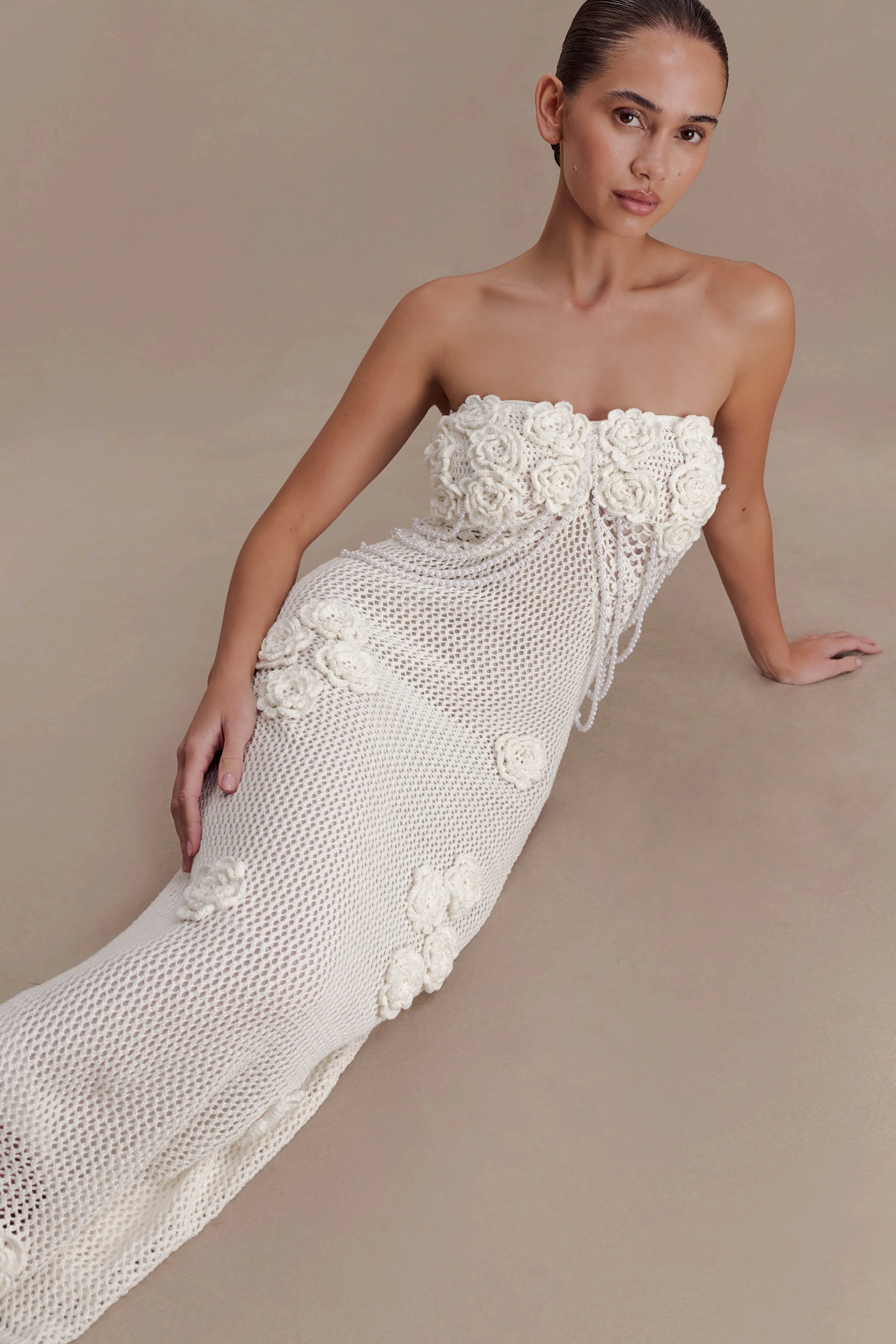 Samantha Crochet Midi Dress With Flowers Ivory