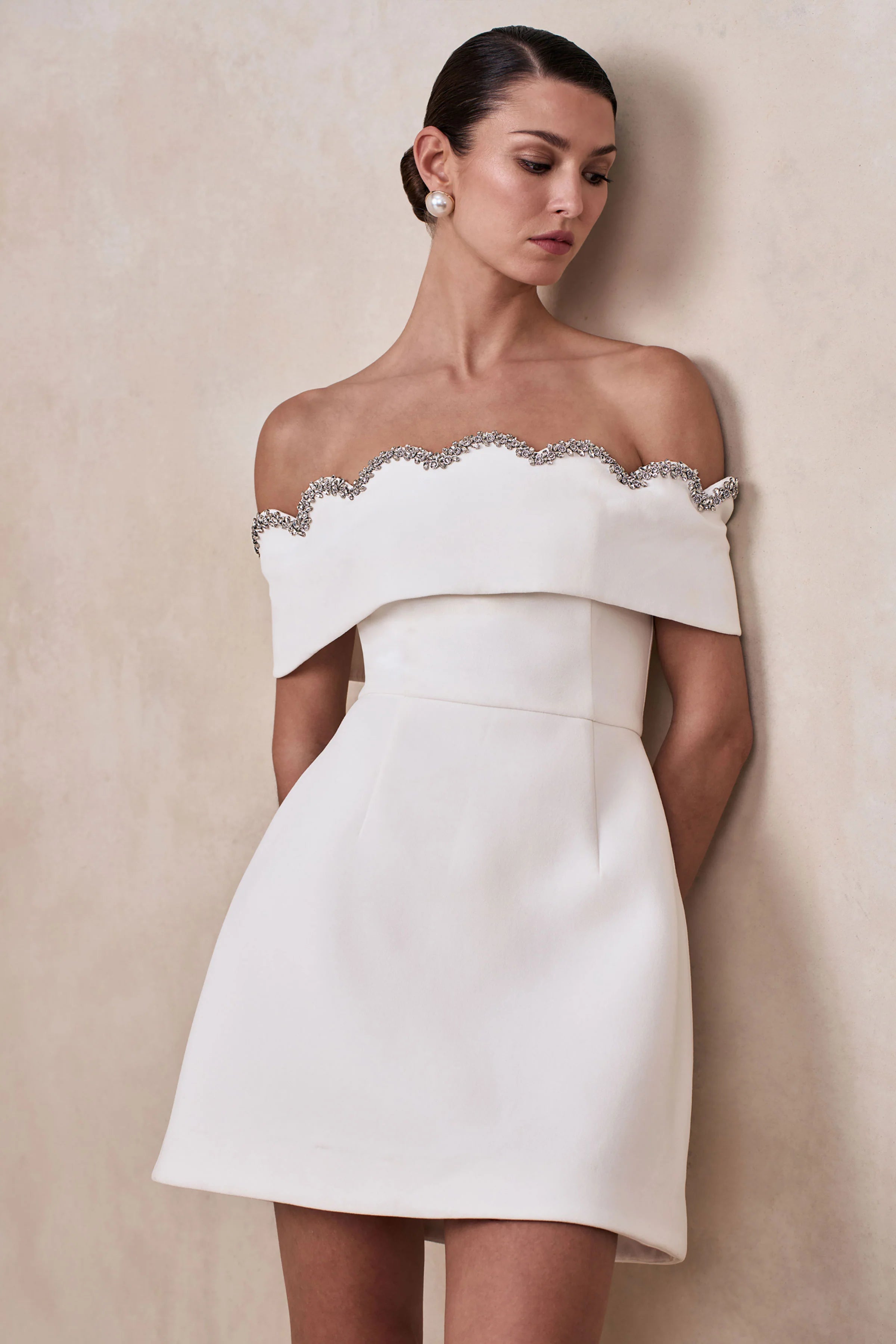 Norella White Scalloped Bardot Neck Mini Dress