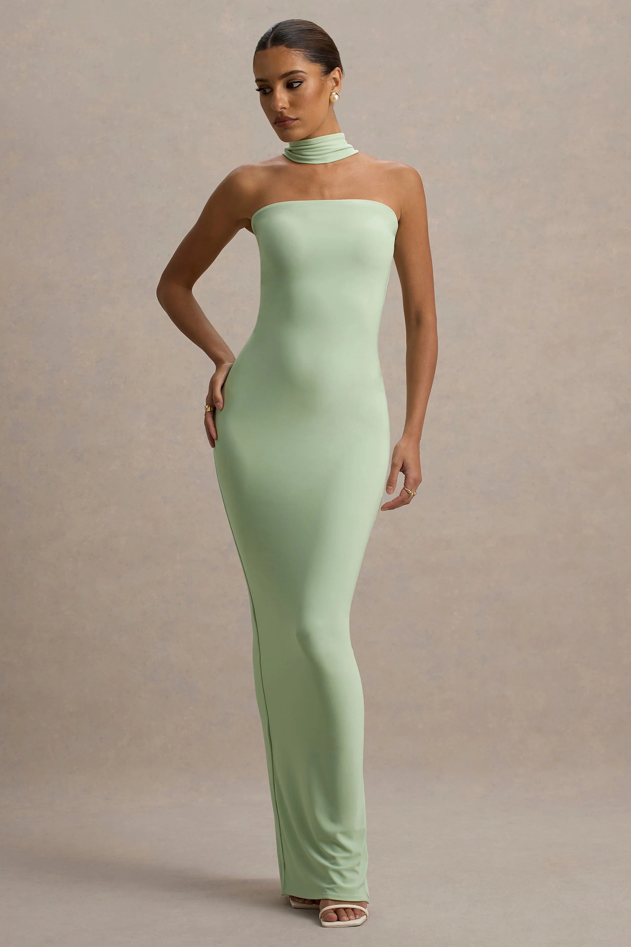 Nobu Light Green Bandeau Maxi Dress With Halter Collar