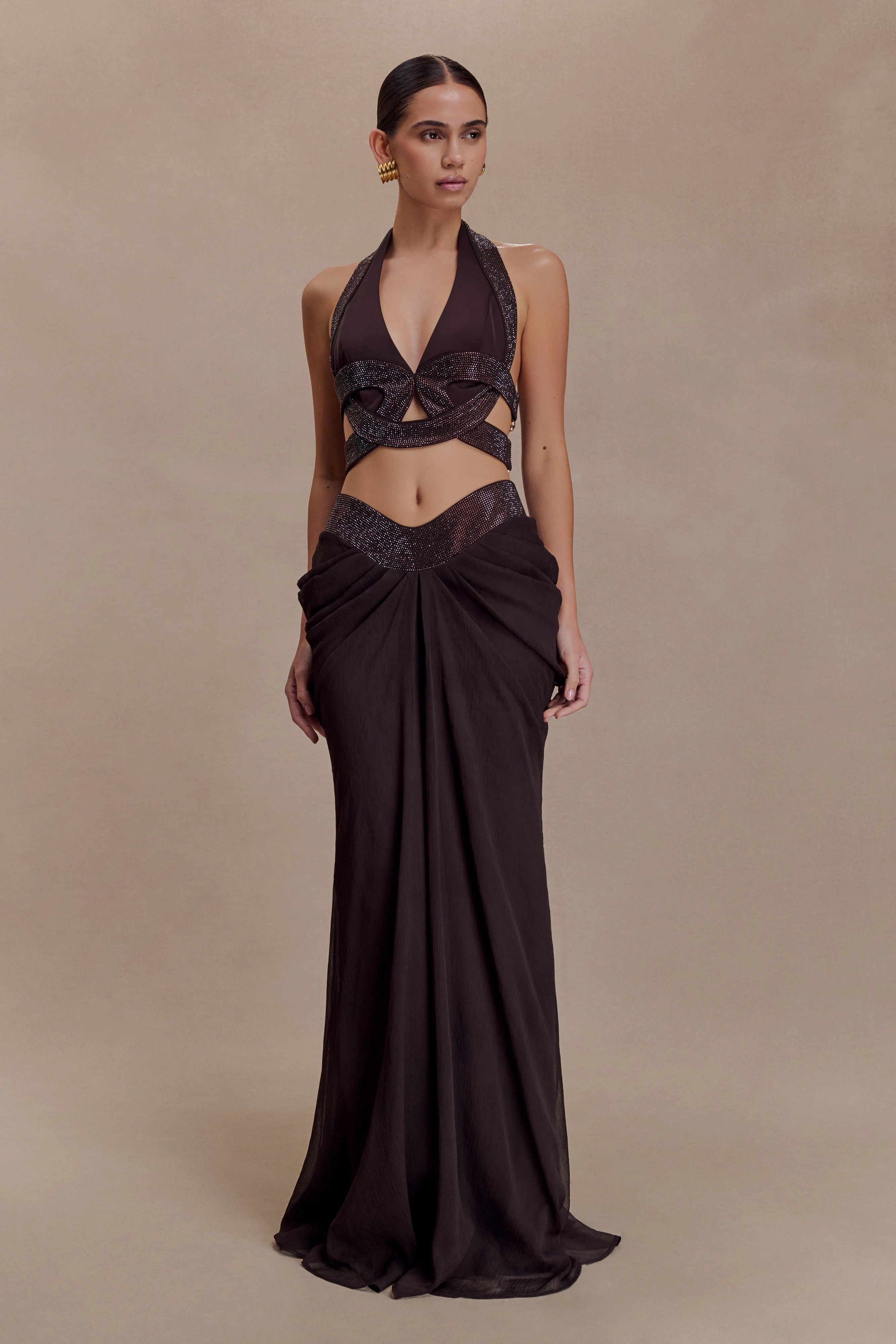 Siren Satin And Diamante Halter Top Dark Chocolate