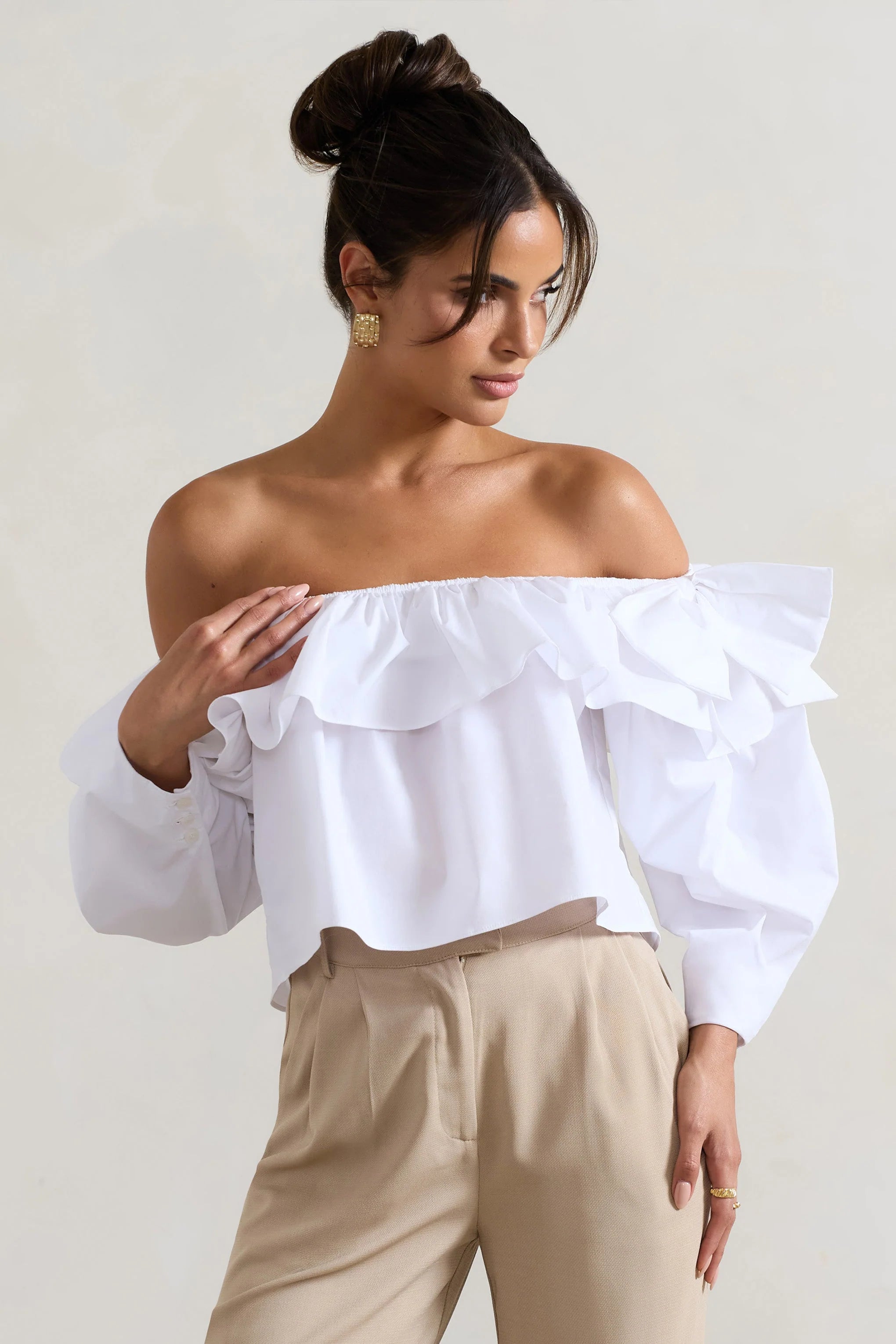 Cove White Bardot Puff Sleeve Ruffle Top With Bows
