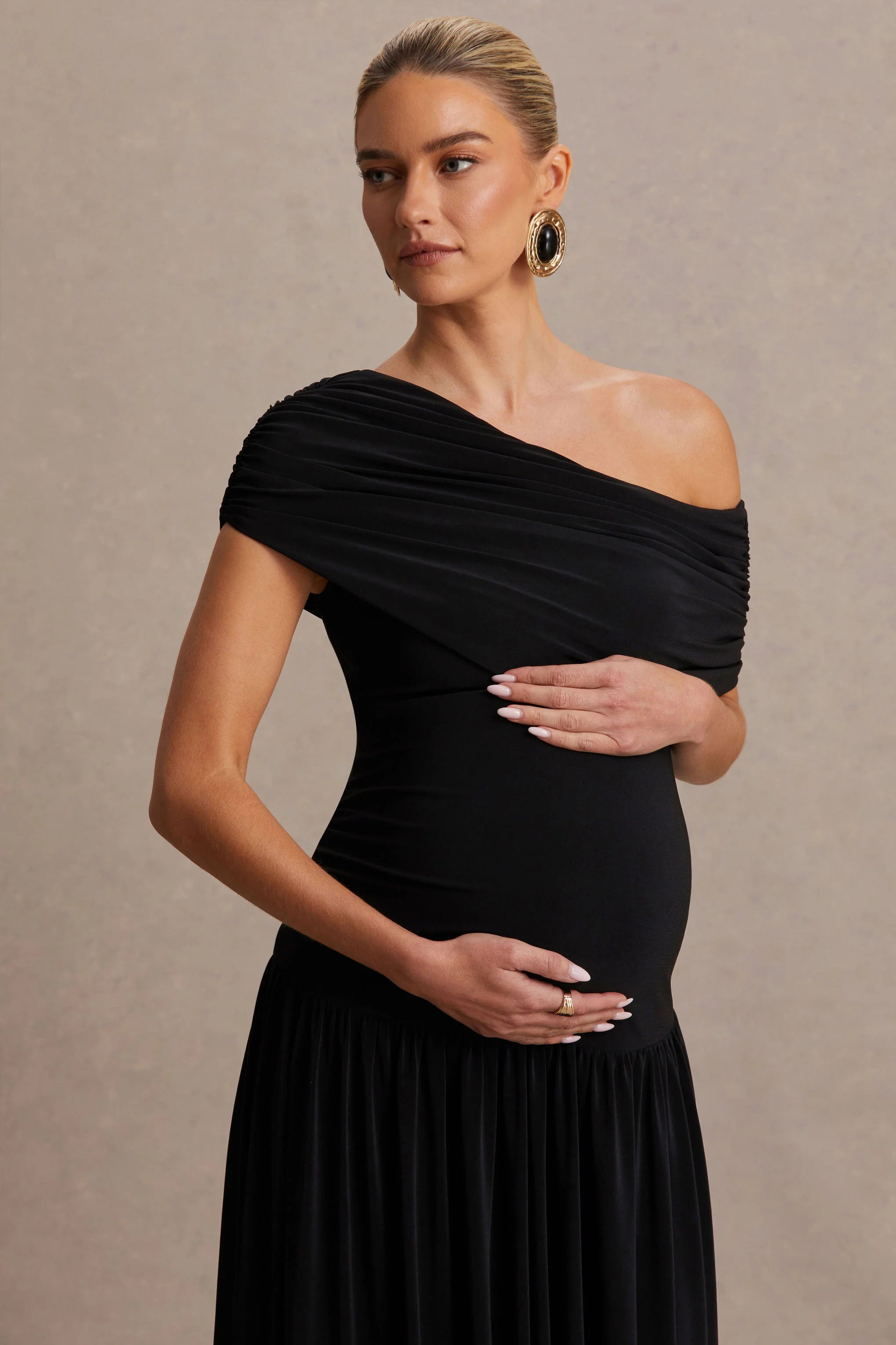 Noah Black Asymmetric Neck Maternity Maxi Dress With Drop Waist
