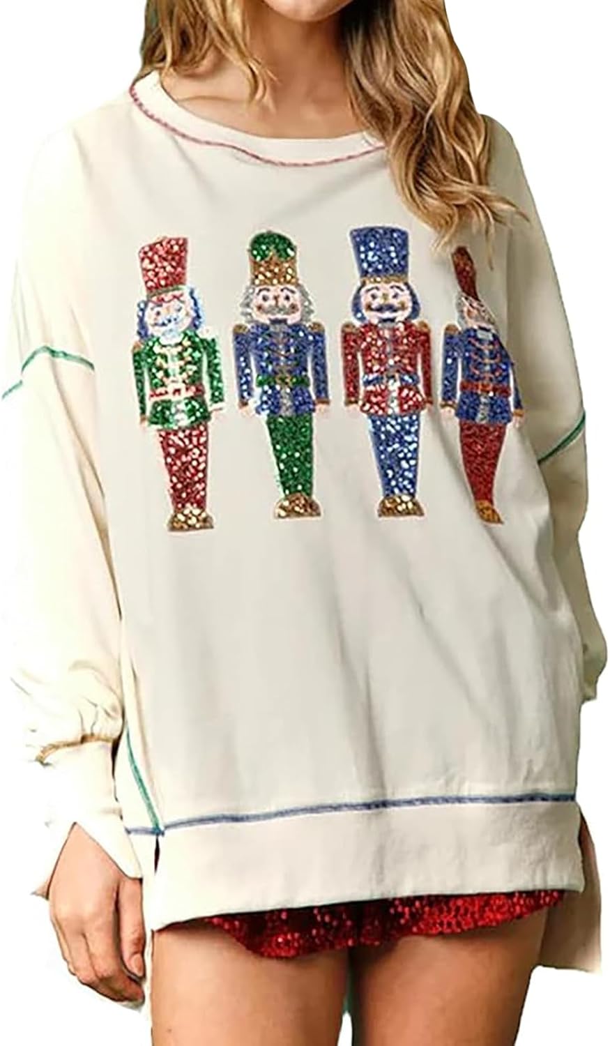 Christmas Sweatshirt for Women Funny Sequin Sweater Nutcracker Santa Xmas Graphic Oversized Pullover Tops