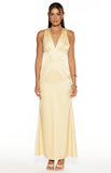Nicolina Yellow Satin Formal Maxi Dress