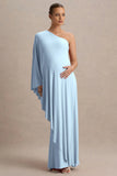 Waves Powder Blue Asymmetric Maternity Maxi Dress With One Sleeve Cape