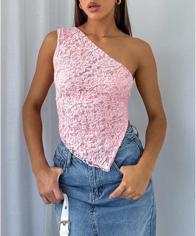 Women One Shoulder Lace Top Irregular Hem Backless Crop Tops See Through Sheer Tank Tops Going Out Clubwear
