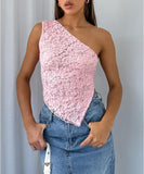 Women One Shoulder Lace Top Irregular Hem Backless Crop Tops See Through Sheer Tank Tops Going Out Clubwear