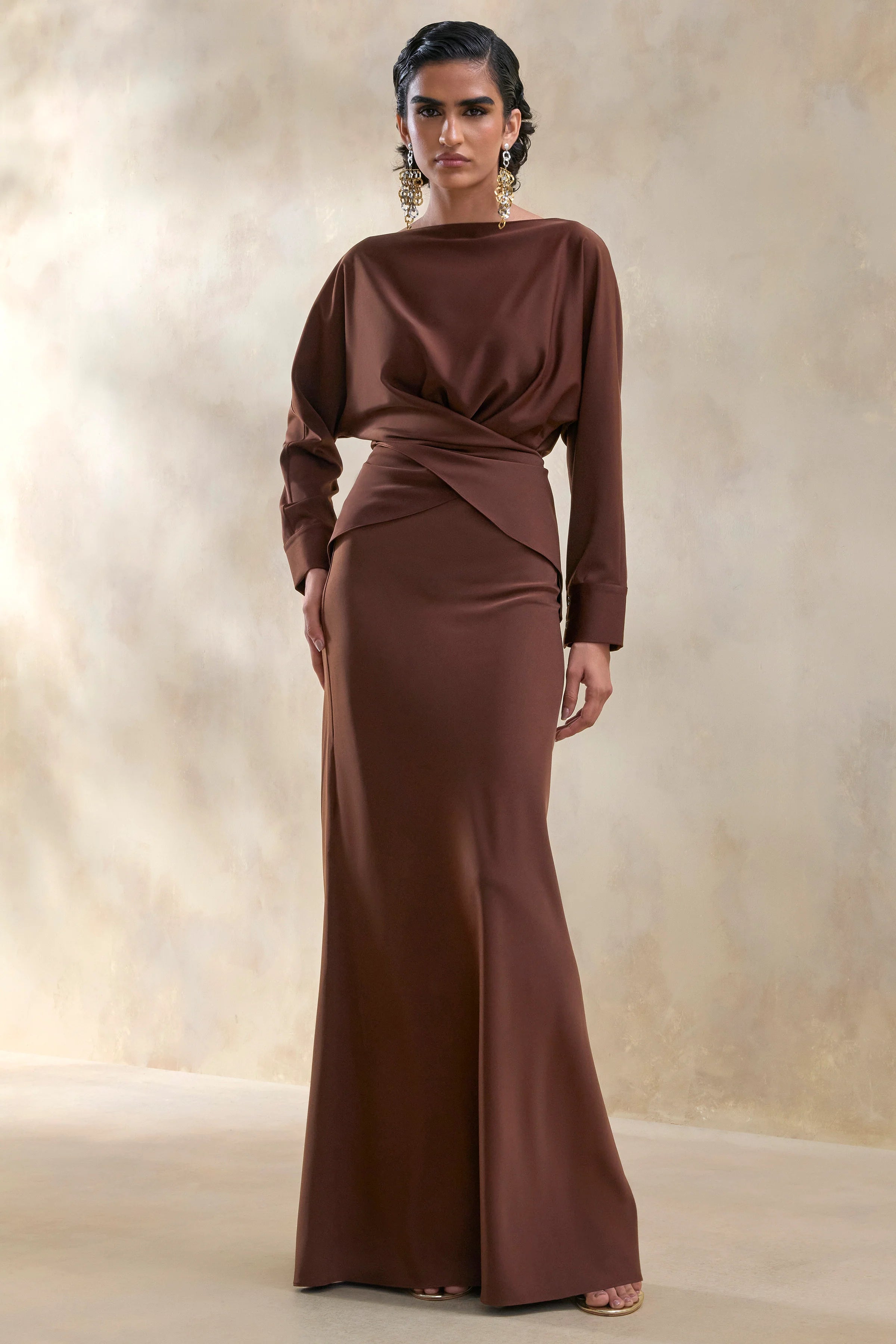 Elaria Brown Satin Maxi Skirt