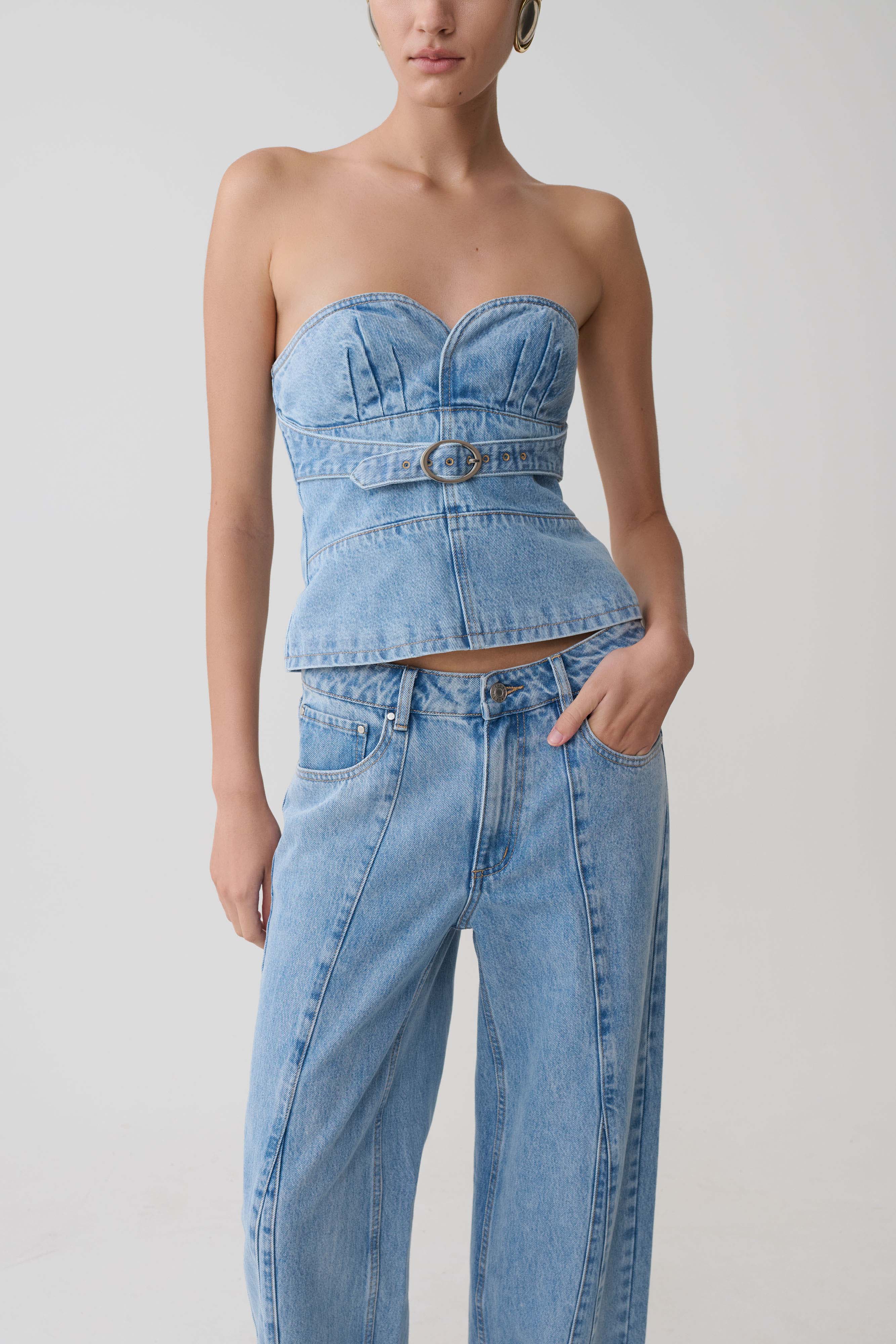 Tommy Strapless Denim Top With Buckle Classic Blue