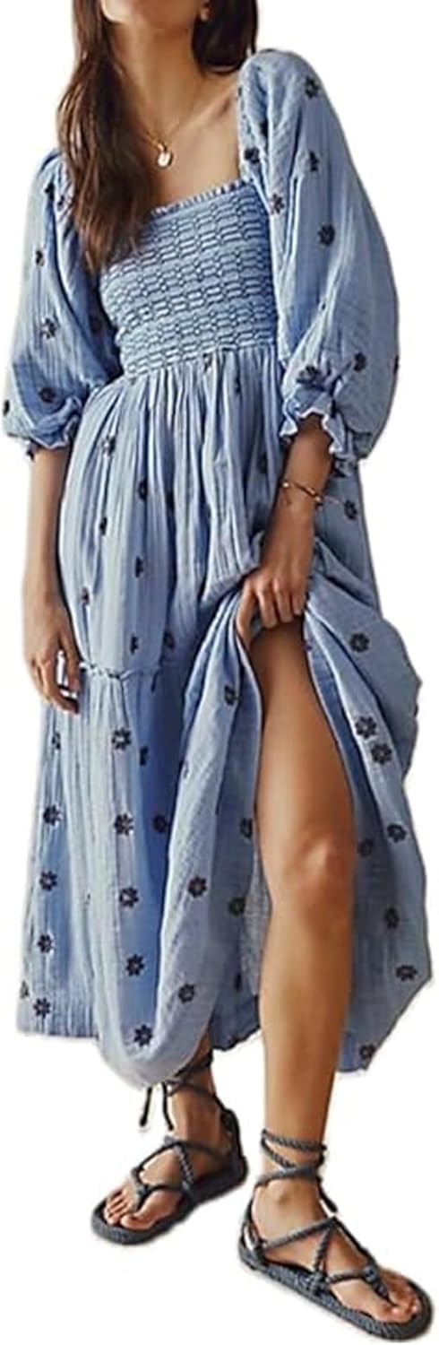 Women Floral Embroidered Maxi Dress Long Puff Sleeve Square Neck Bohemian Flowy Dress with Pockets Summer Fall