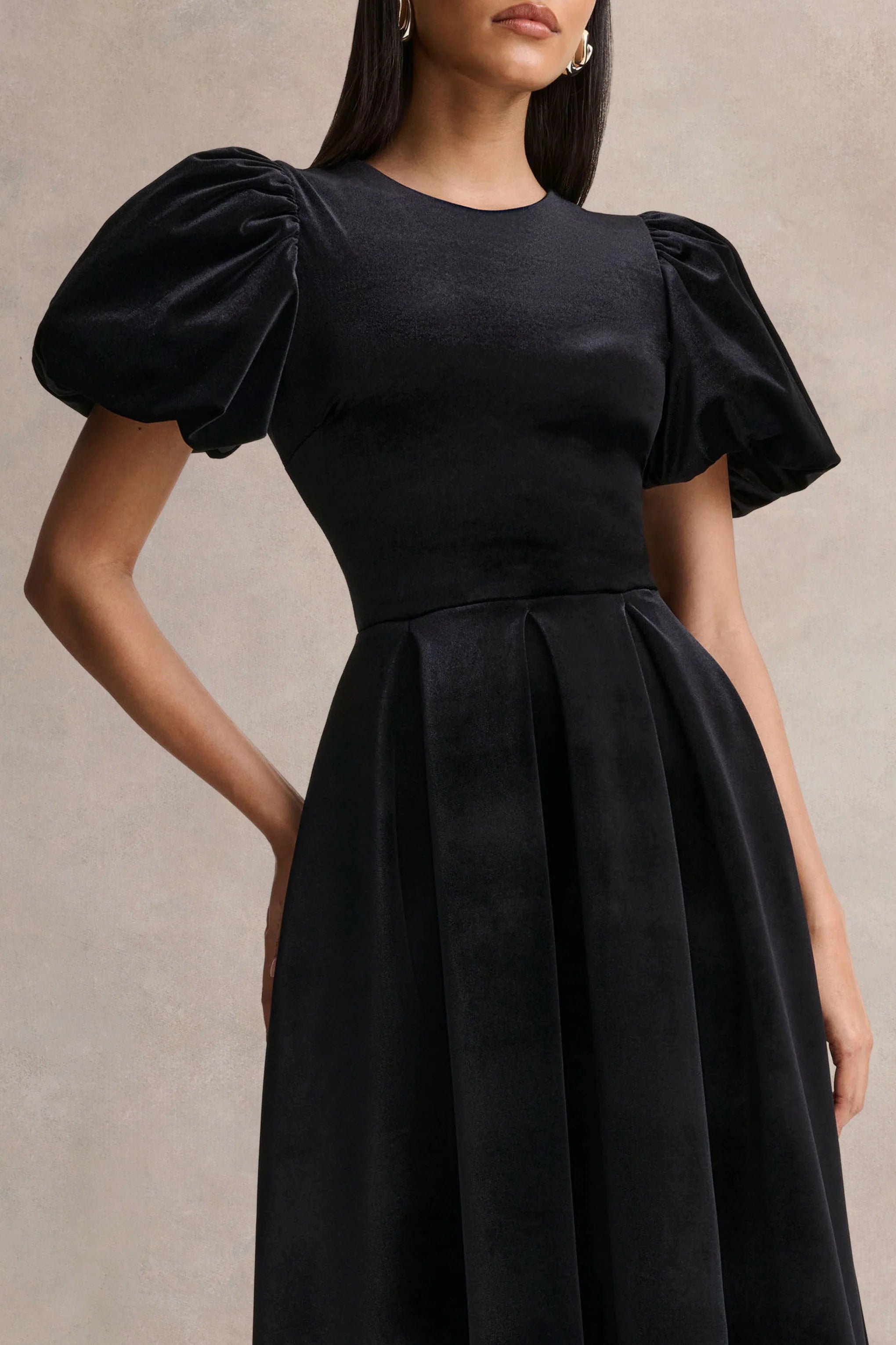 Seraphic Black Velvet Puff Sleeve Midi Dress