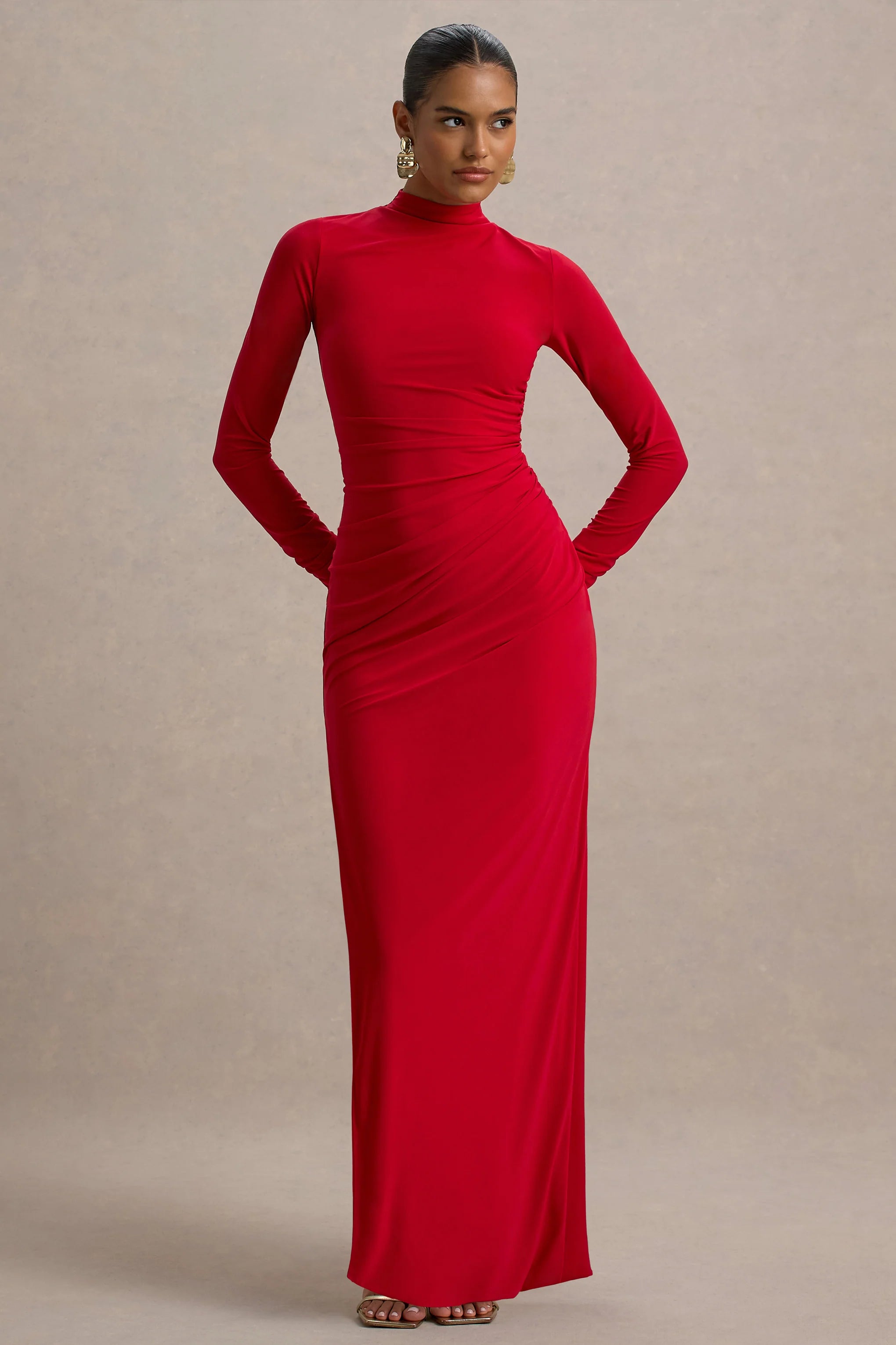 Alluring Red High Neck Maxi Dress With Ruched Detailing