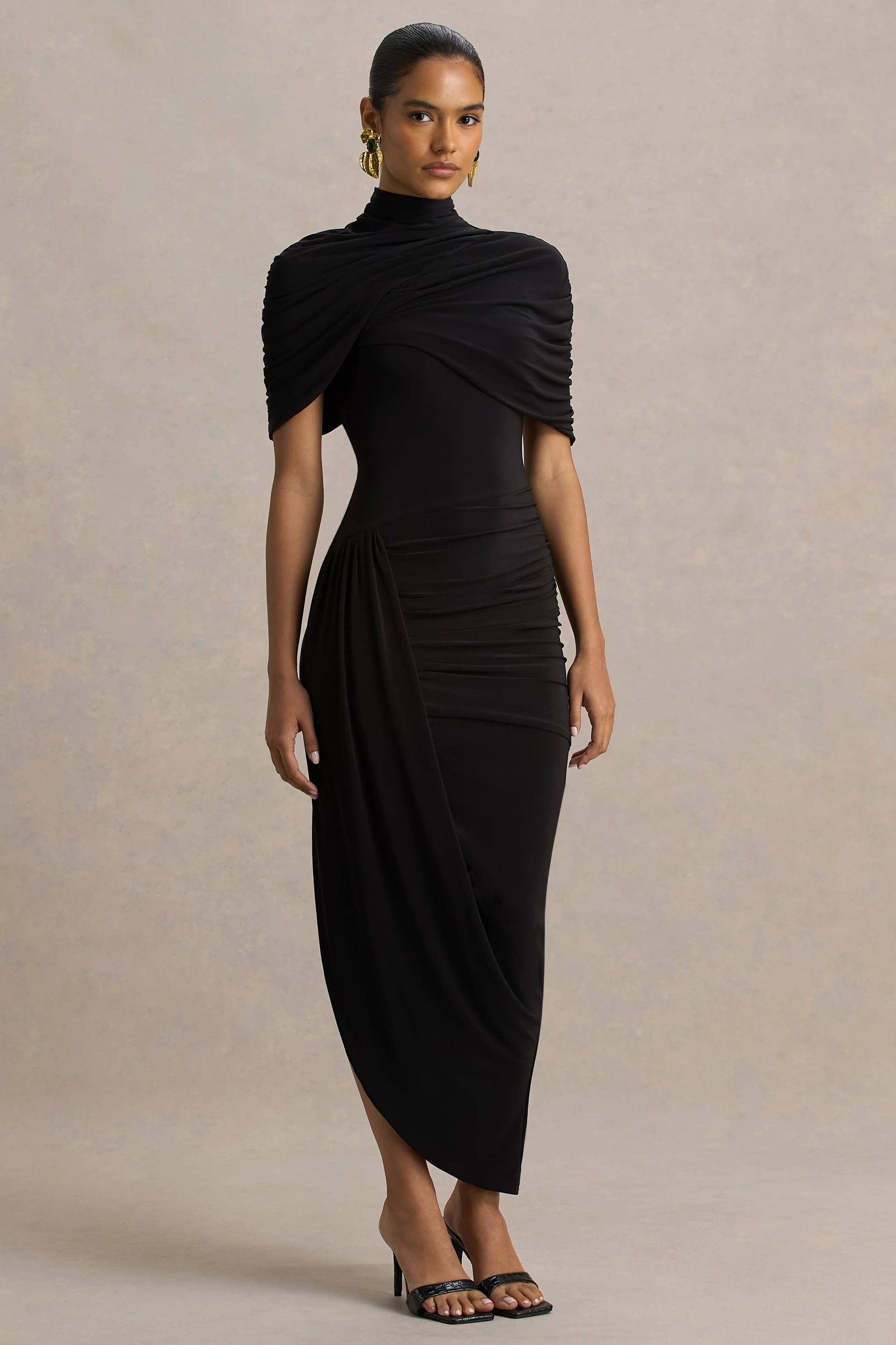 Enchant Black Asymmetric Twisted Cape Midi Dress
