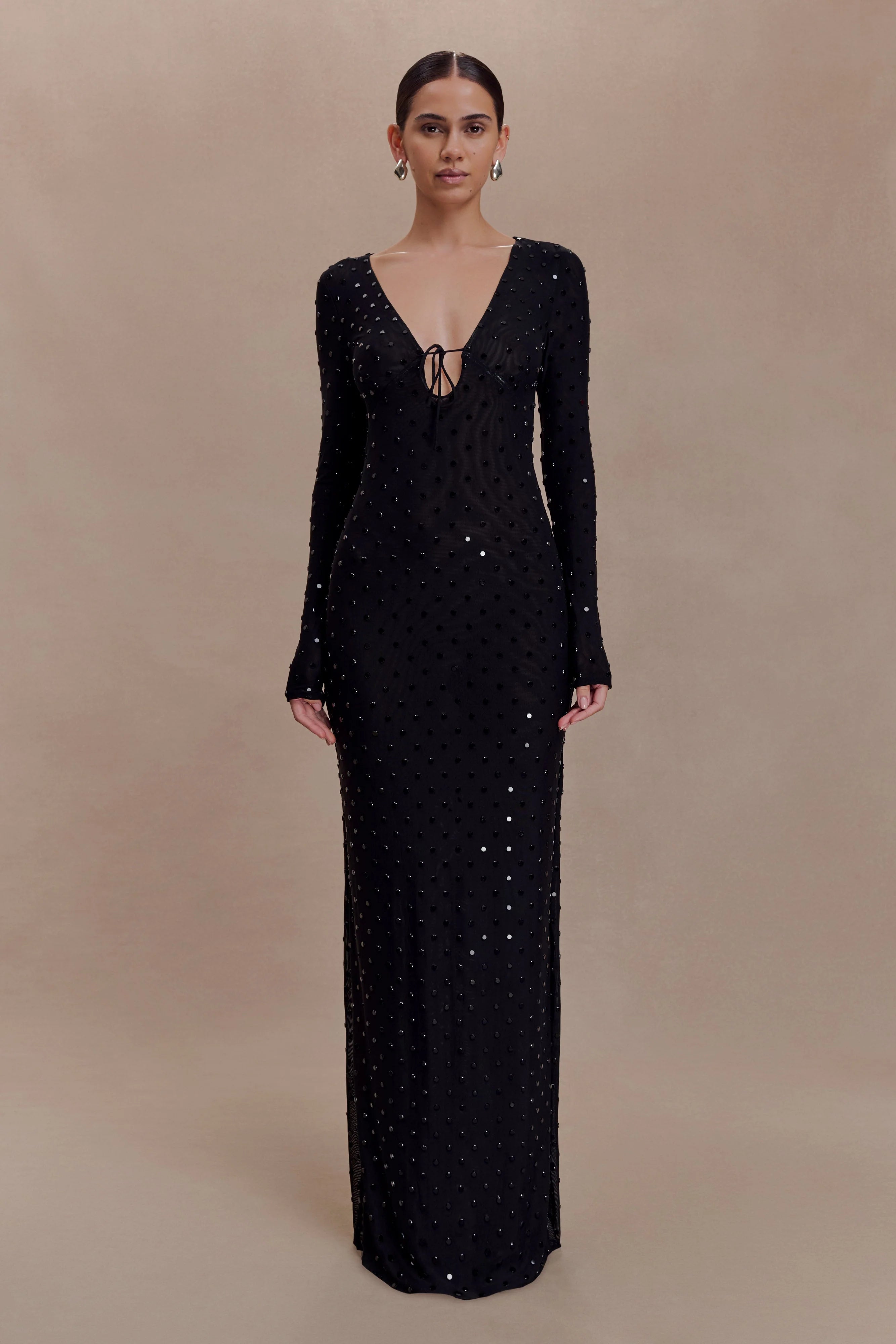 Acadia Diamante Long Sleeve Maxi Dress Black