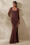 Renalia Brown Square Neck Maxi Dress With Mesh Long Sleeves