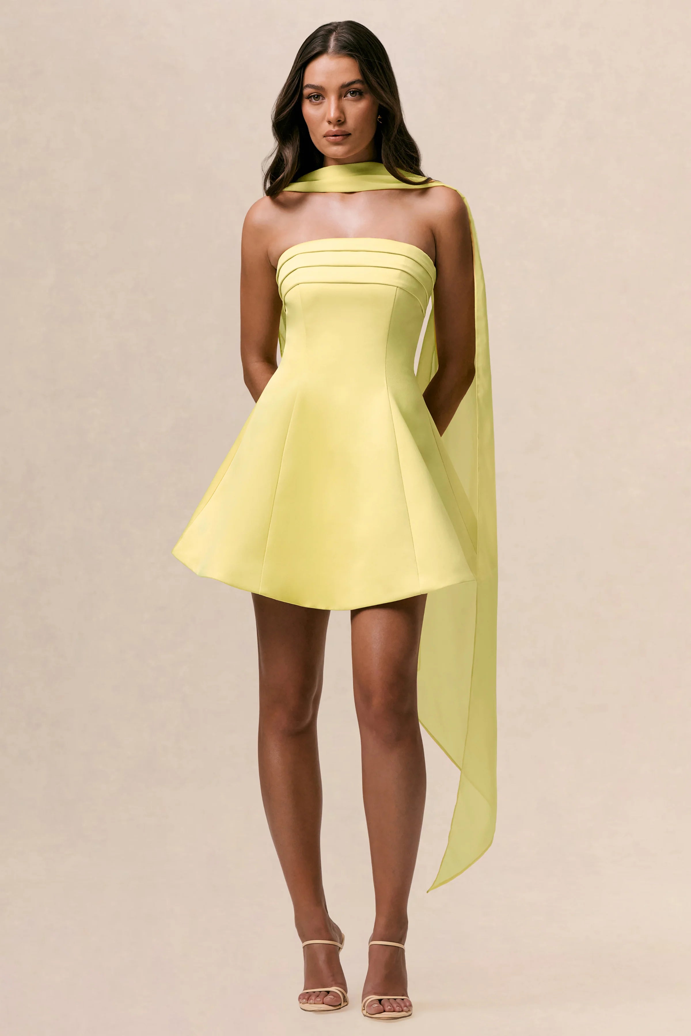 Love Me Lemon Satin Skater Mini Dress With Chiffon Scarf