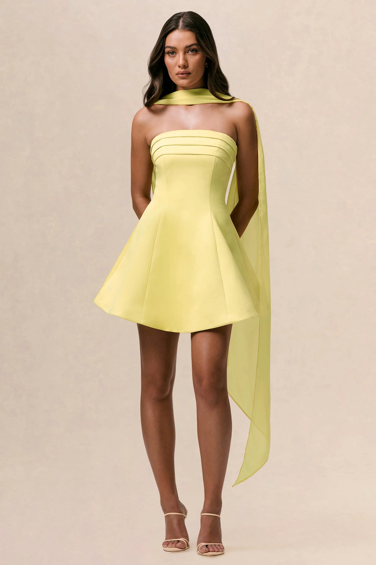 Love Me Lemon Satin Skater Mini Dress With Chiffon Scarf