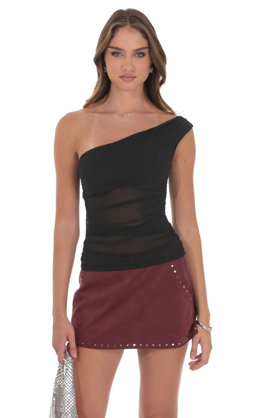 Sheer One Shoulder Top in Black