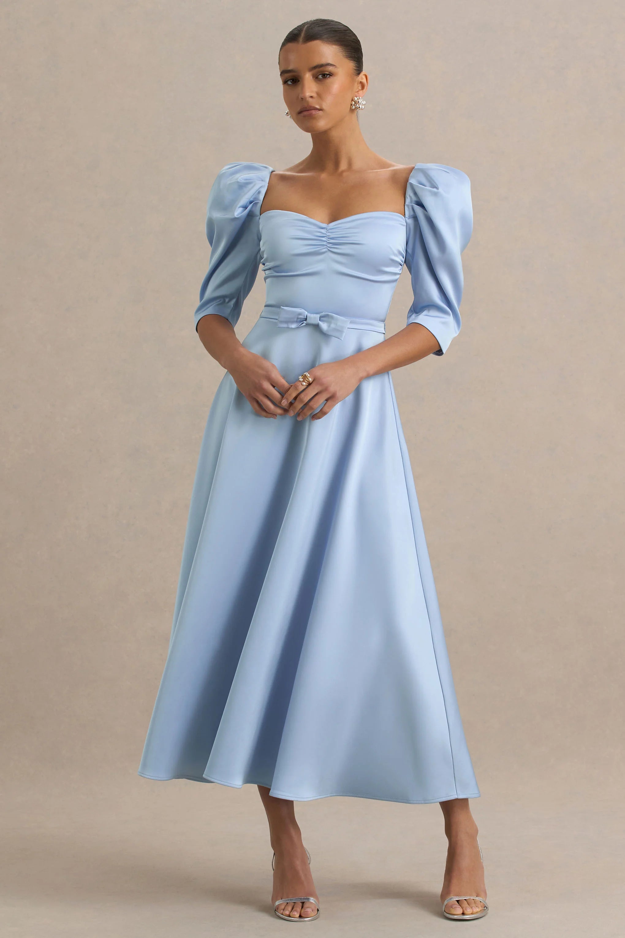 Rosey Powder Blue Satin Sweetheart Midi Dress