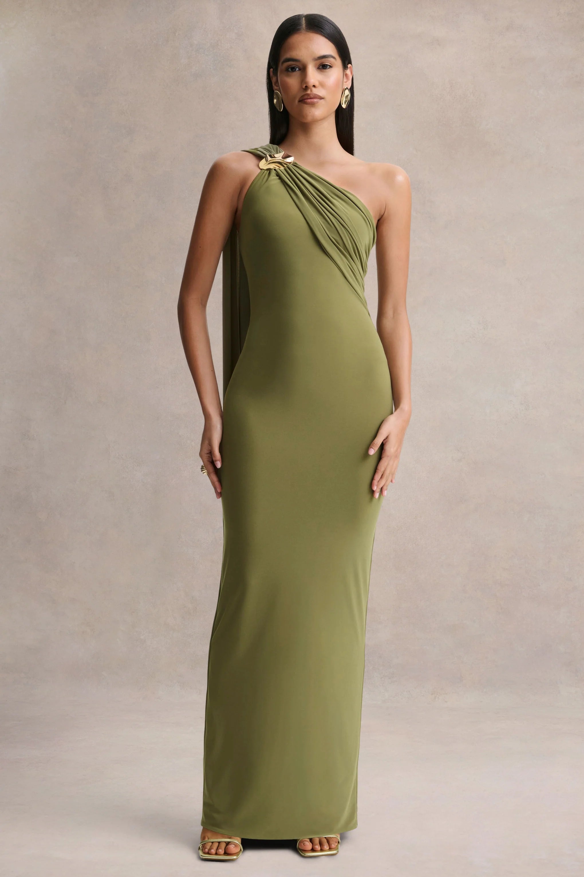Mandy Olive Asymmetric Neck Maxi Dress With Gold Detail
