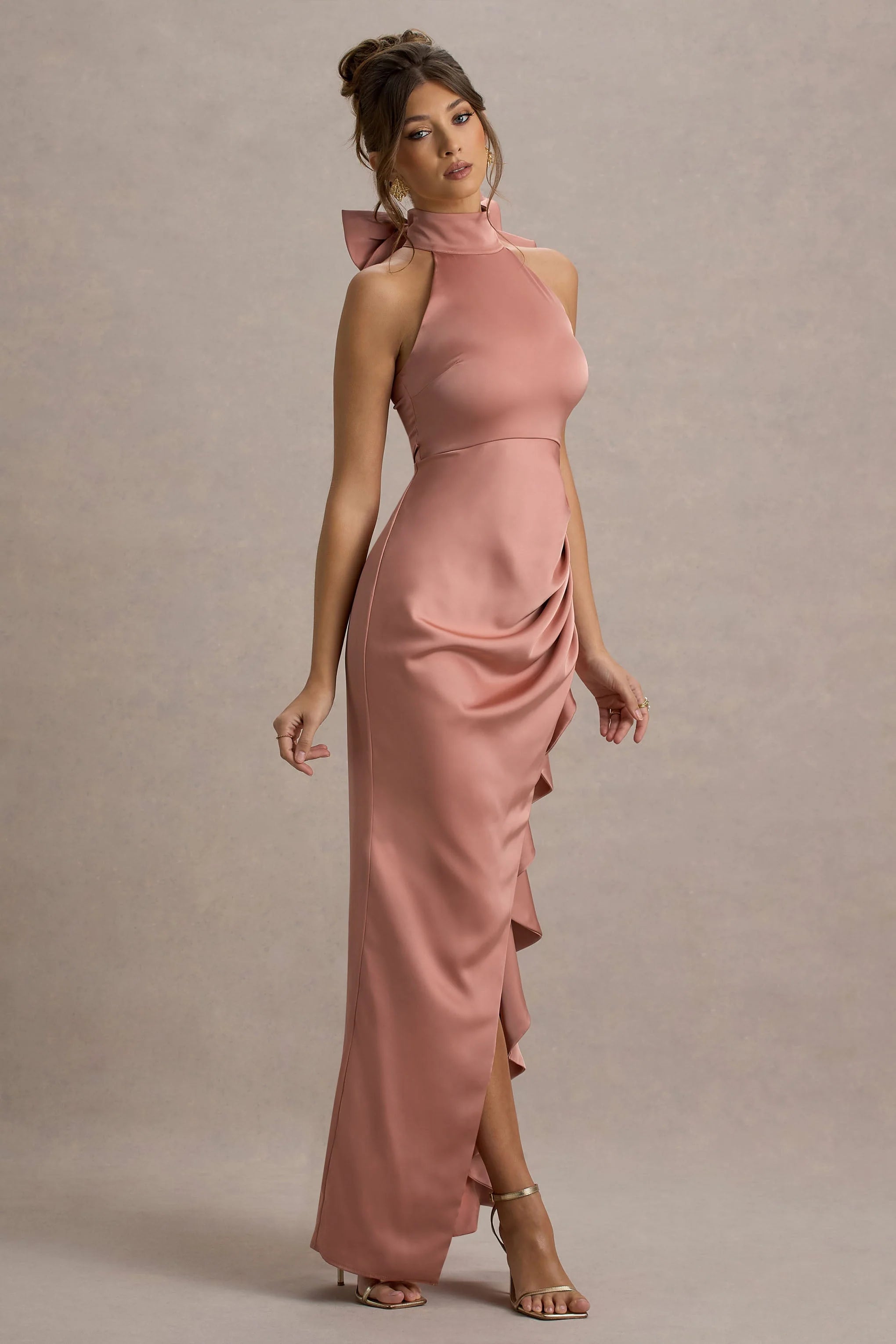 Maureen Pink Satin High Neck Draped Maxi Dress